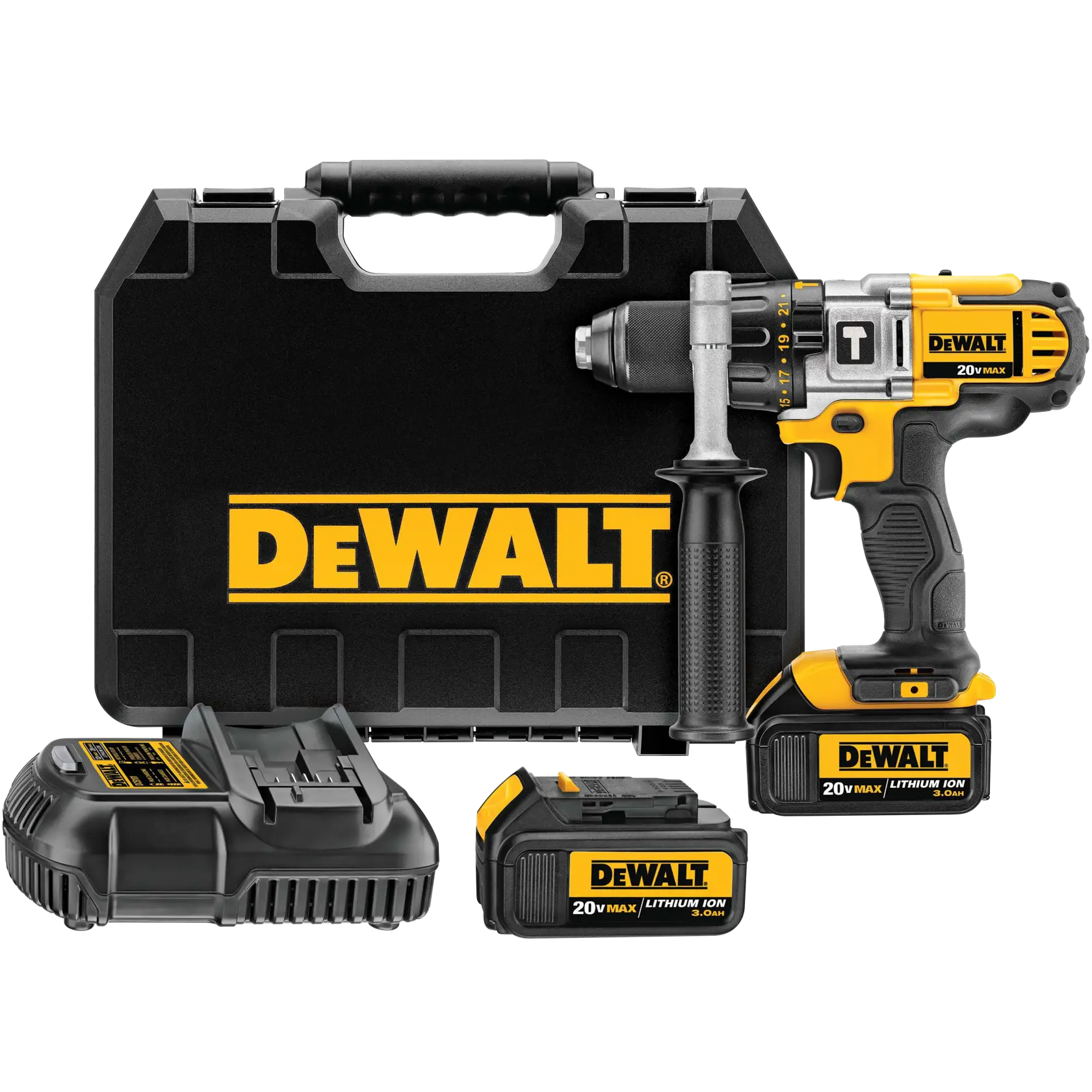 Un set de taladro inalámbrico DEWALT que incluye un taladro amarillo y negro con mango lateral, un estuche rígido con la marca DEWALT, dos baterías de litio 20V MAX y un cargador de batería.