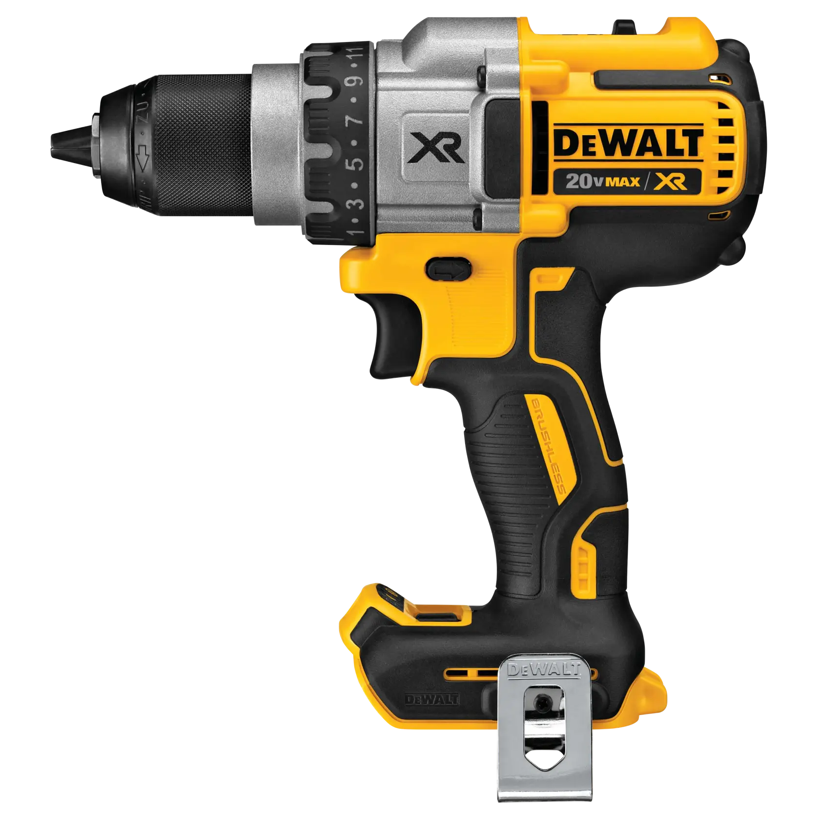 Taladro inalámbrico DEWALT amarillo y negro con etiqueta 20V MAX XR, motor sin escobillas y clip metálico para cinturón en la base.