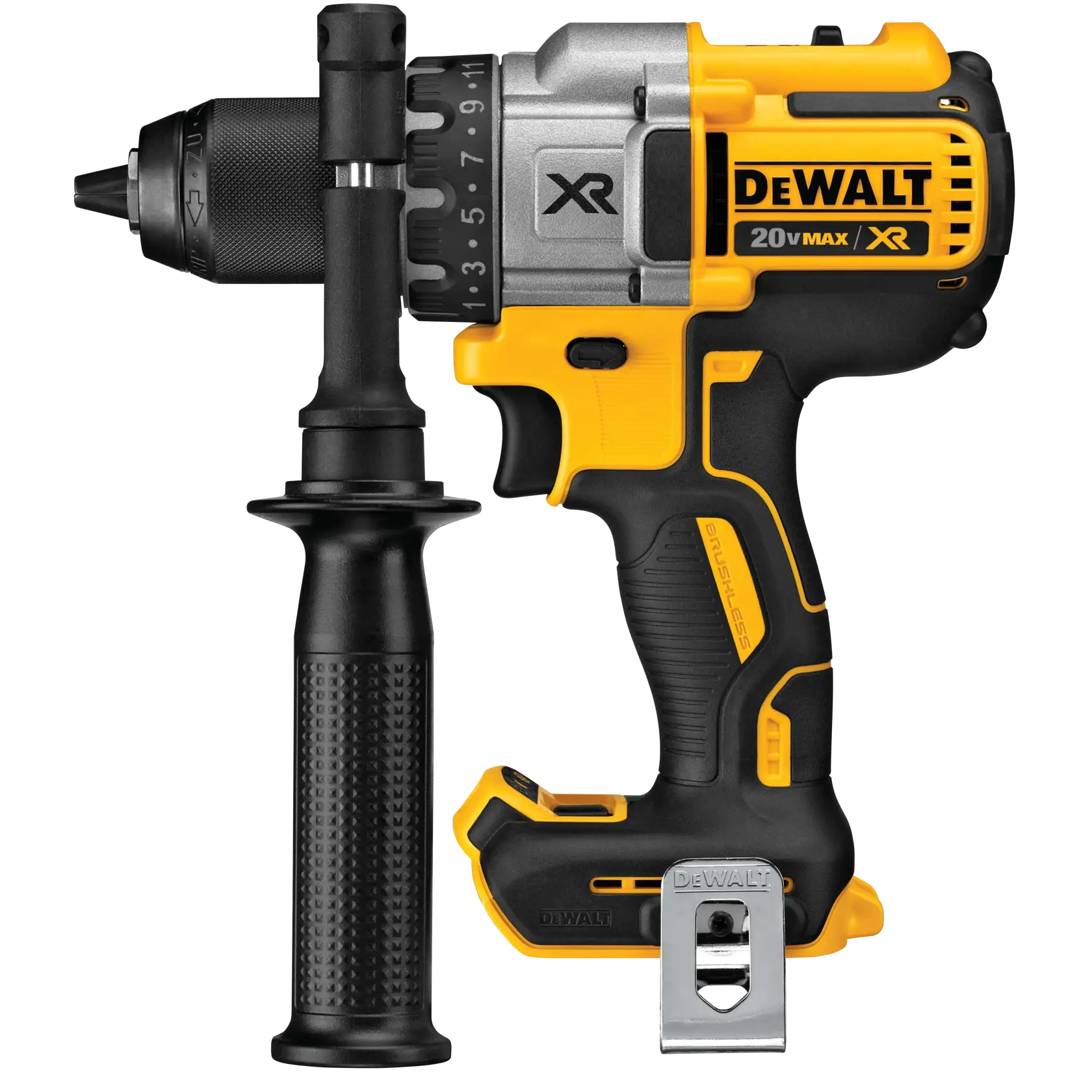Un taladro inalámbrico DEWALT 20V MAX XR con empuñadura lateral, mostrado en colores negro y amarillo. La herramienta tiene los logotipos DEWALT y XR, además de un portabrocas metálico y ajustes regulables en la parte frontal.