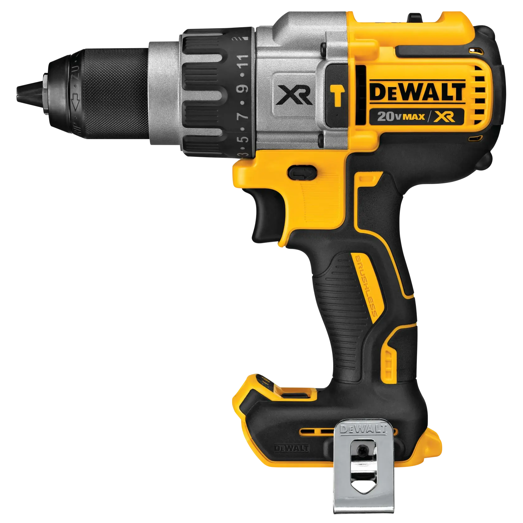 Imagen en primer plano de un taladro inalámbrico DEWALT 20V MAX XR, mostrando su cuerpo negro y amarillo, mango ergonómico y clip de metal.