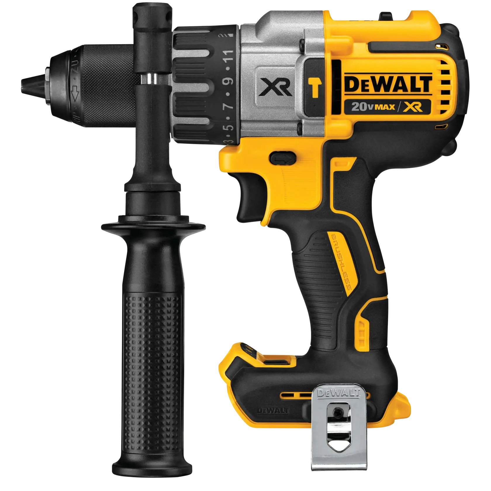 Taladro inalámbrico DEWALT 20V Max XR con mango lateral y motor sin escobillas, mostrado sobre fondo blanco.