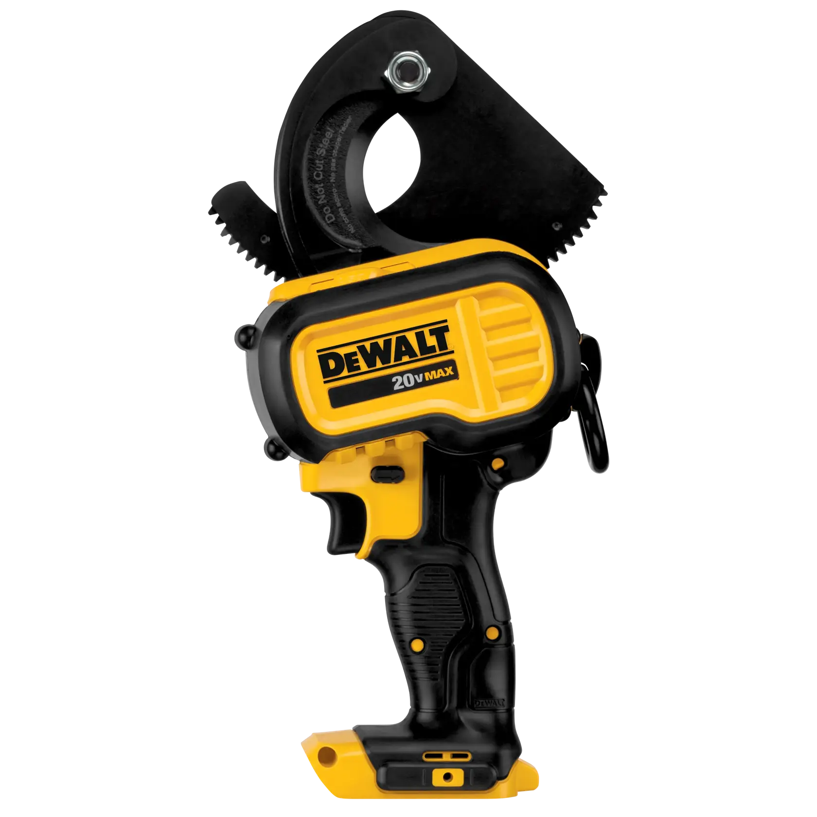 Una herramienta cortadora de cables inalámbrica DEWALT 20V MAX con cuerpo negro y amarillo, diseñada para cortar cables gruesos. La cuchilla de corte es circular con bordes dentados y el mango es ergonómico para uso inalámbrico.