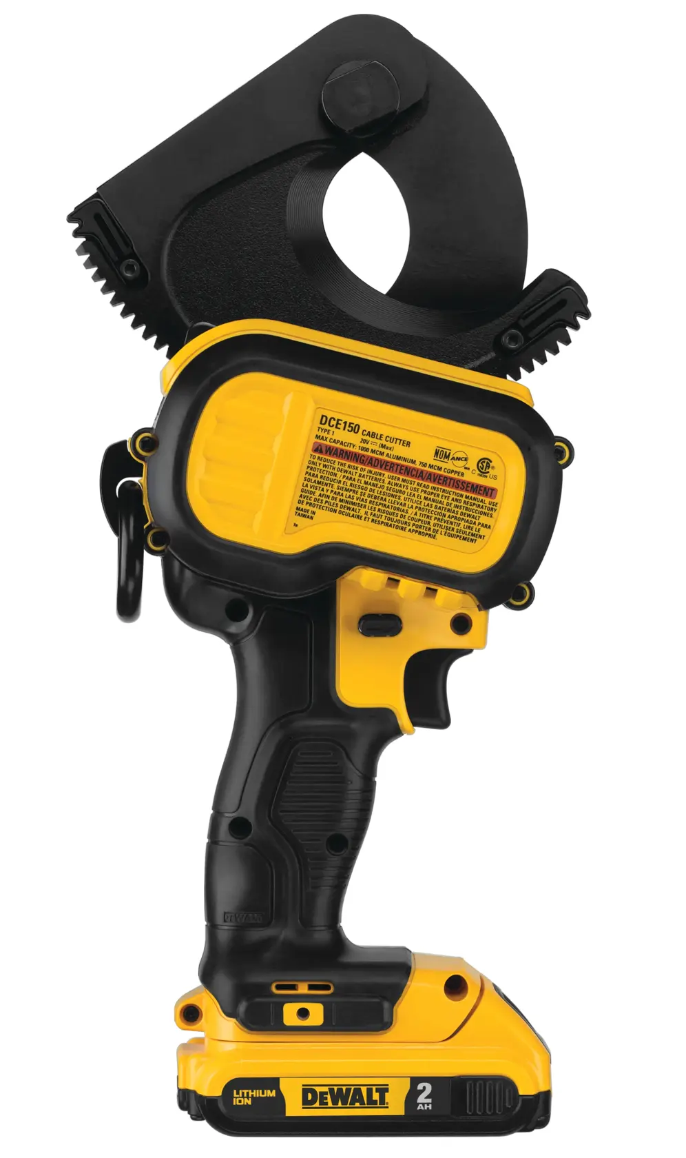 Una herramienta cortadora de cables inalámbrica DEWALT DCE150D1 con diseño amarillo y negro, una batería de ion de litio en la base y una gran cabeza de corte para cables industriales.