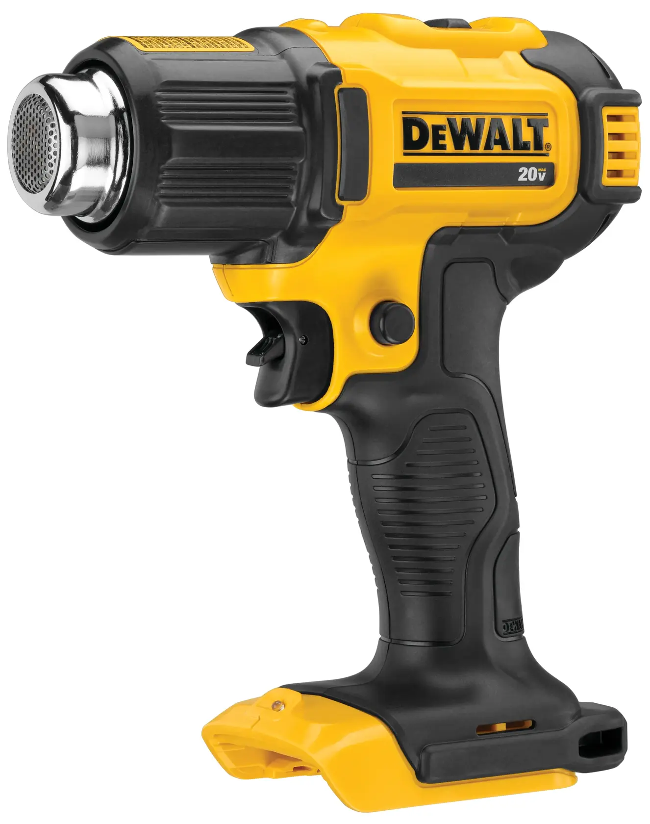 Una pistola de calor inalámbrica DEWALT 20V con cuerpo negro y amarillo, mango ergonómico y boquilla de metal, modelo DCE530B. La herramienta se muestra de lado sobre fondo blanco.