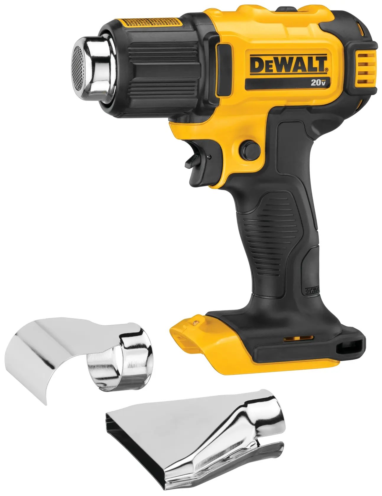 Pistola de calor inalámbrica DEWALT 20V amarilla y negra con dos boquillas de metal intercambiables delante.