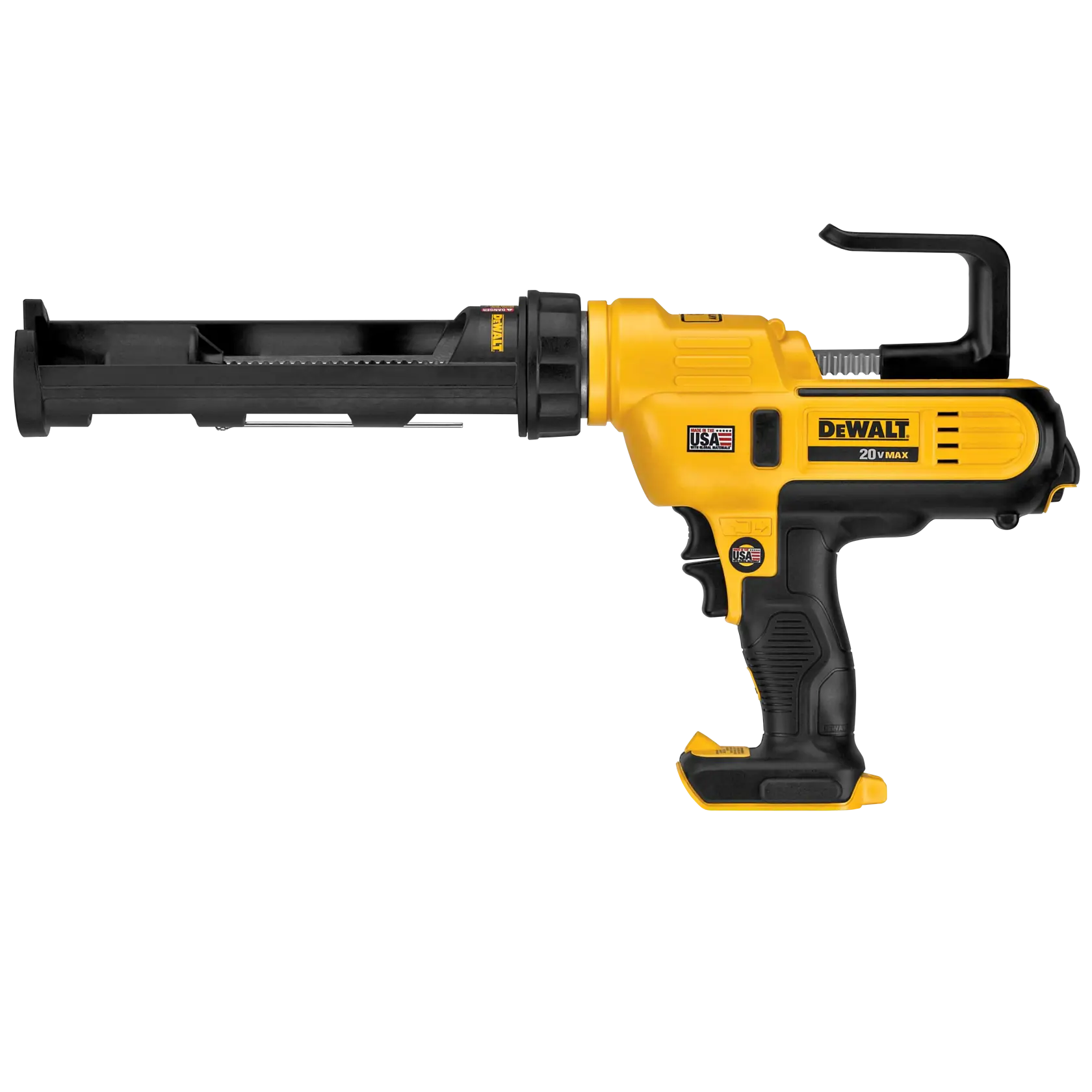 Una pistola de calafateo inalámbrica DEWALT 20V MAX con cuerpo negro y amarillo, diseñada para dispensar sellador y adhesivos.