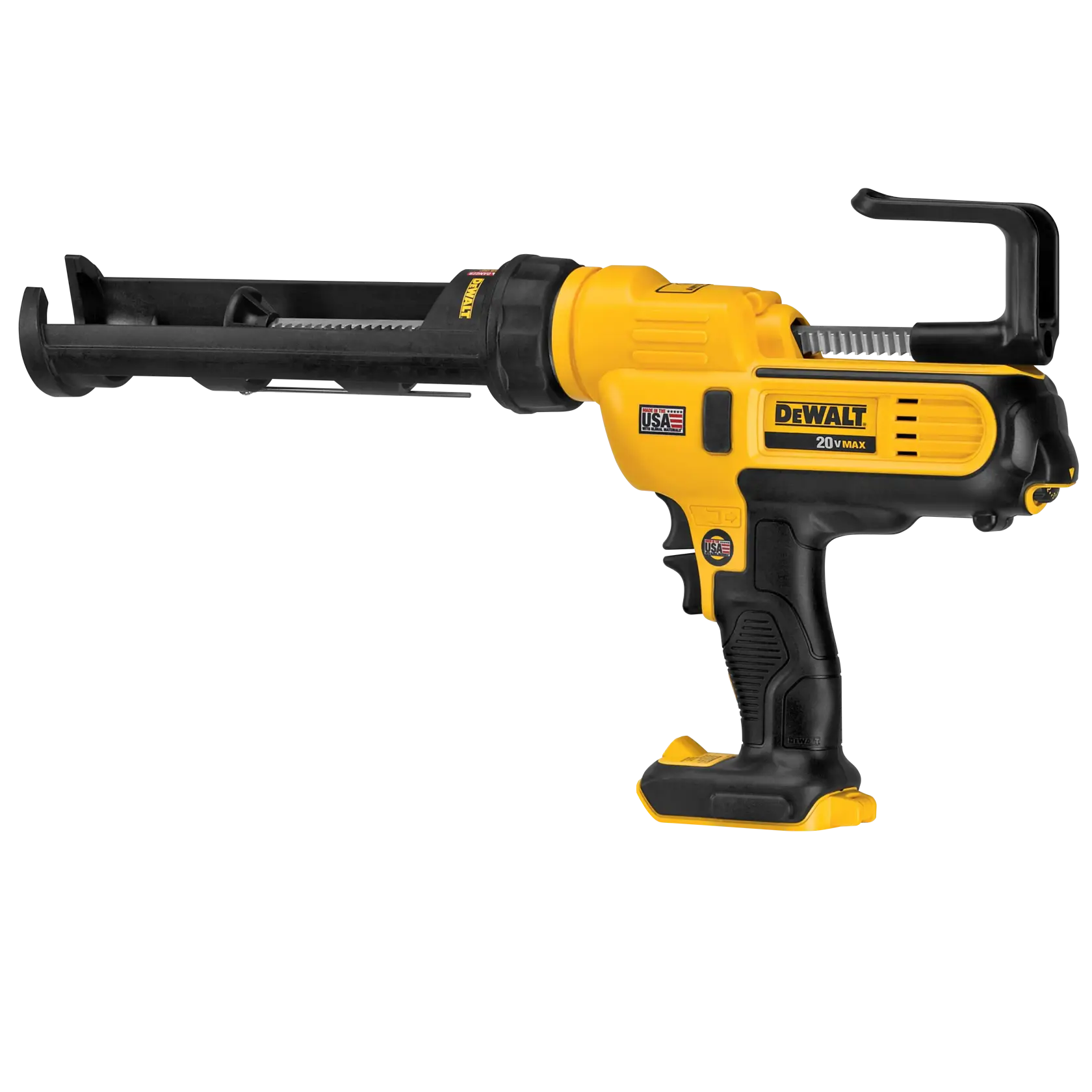 Una pistola de calafateo inalámbrica DEWALT 20V MAX con cuerpo amarillo y negro, mango con gatillo y soporte de cartucho abierto.