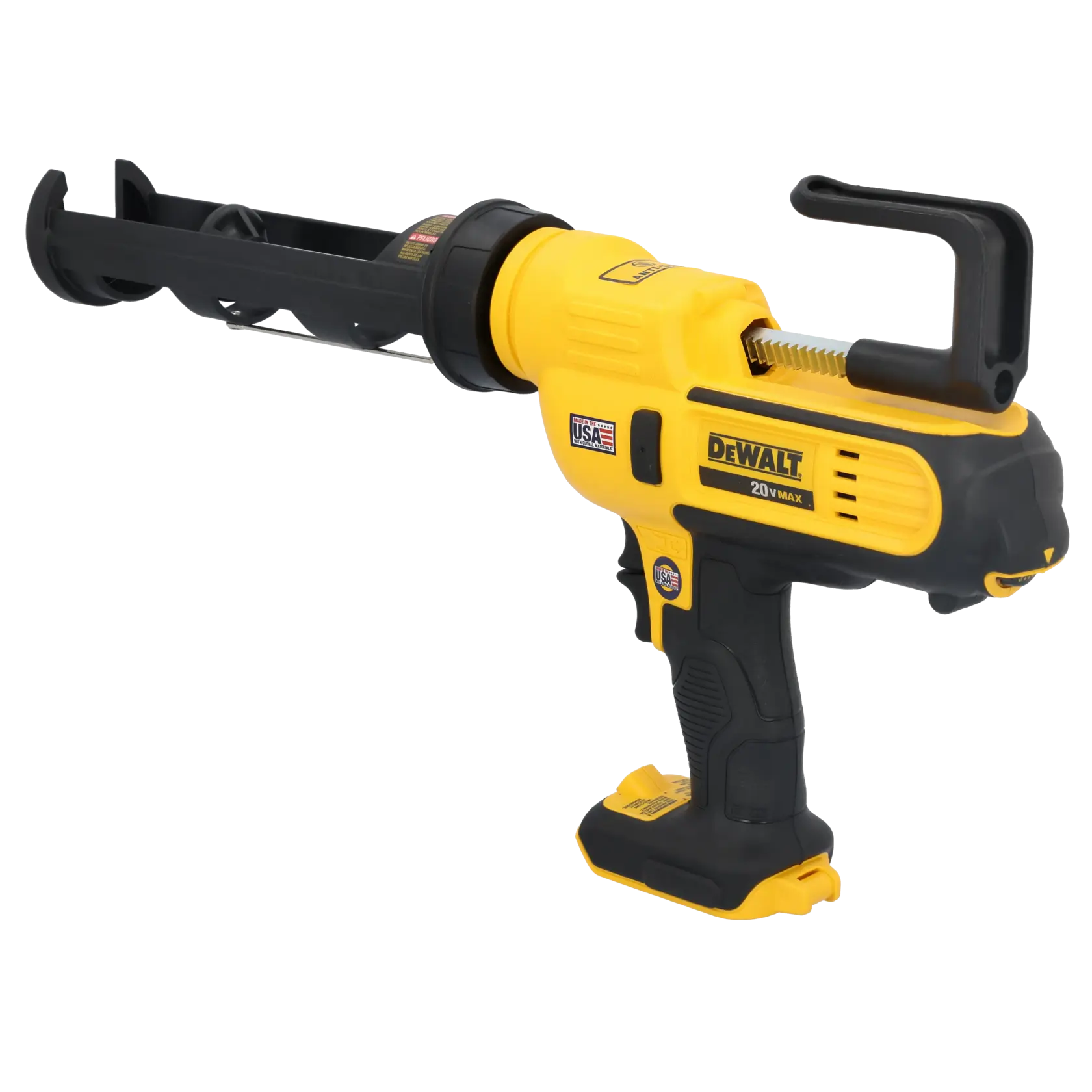 Una pistola de calafateo inalámbrica DEWALT 20V MAX en amarillo y negro, diseñada para uso profesional, vista de lado sobre un fondo blanco.