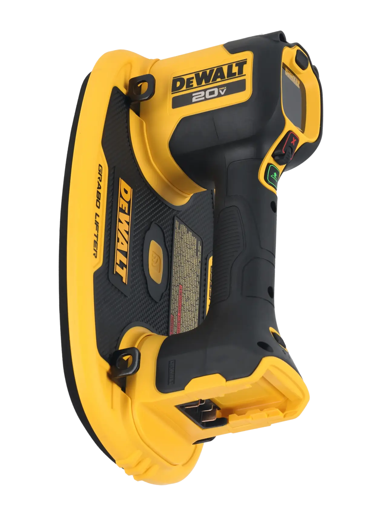 Una herramienta inalámbrica DEWALT 20V Grabo Lifter, utilizada para levantar y manejar materiales pesados mediante tecnología de succión. La herramienta es negra y amarilla, tiene la marca DEWALT en el mango y está diseñada para uso profesional.