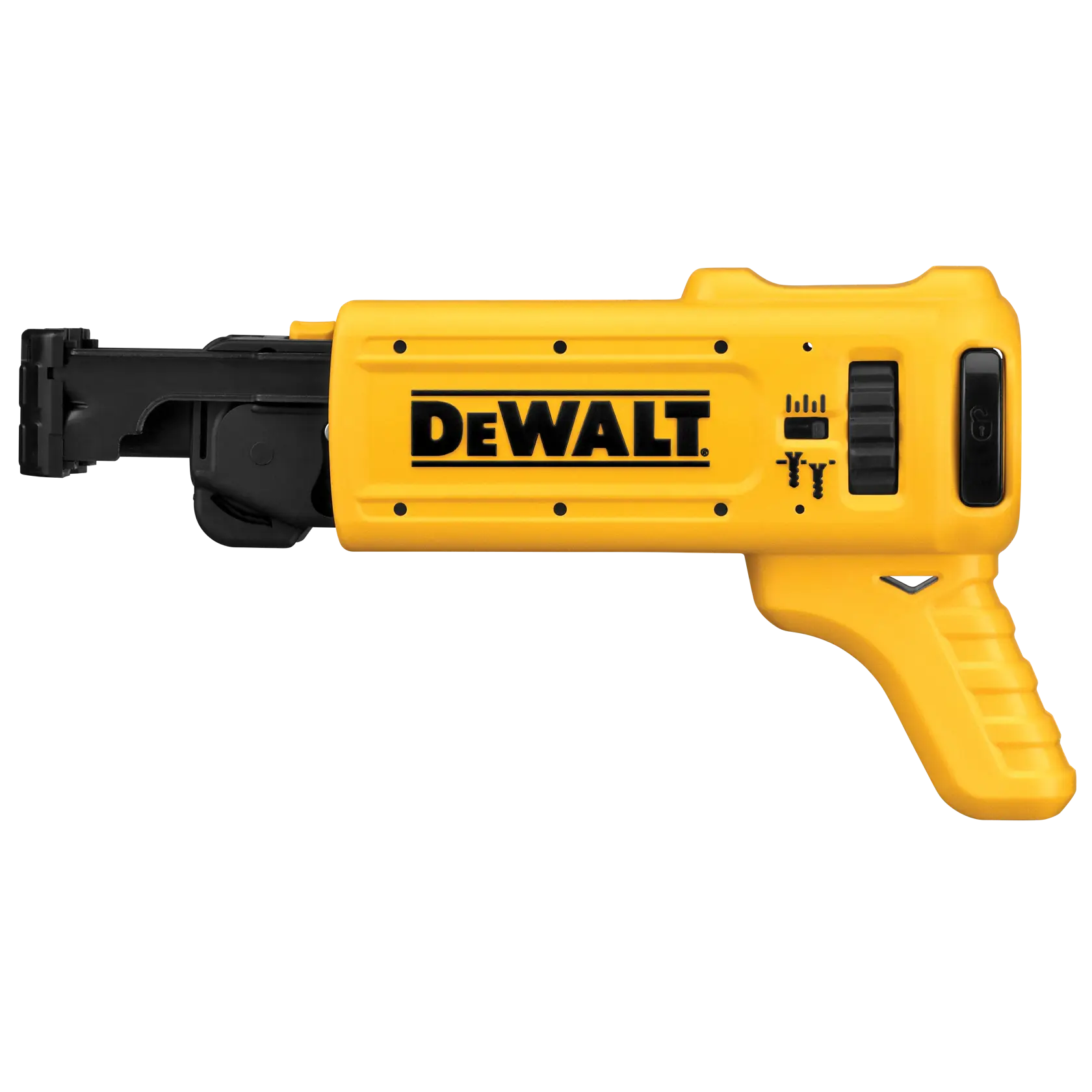Accesorio amarillo DEWALT DCF6201 para atornillador de placas, vista lateral sobre fondo blanco.