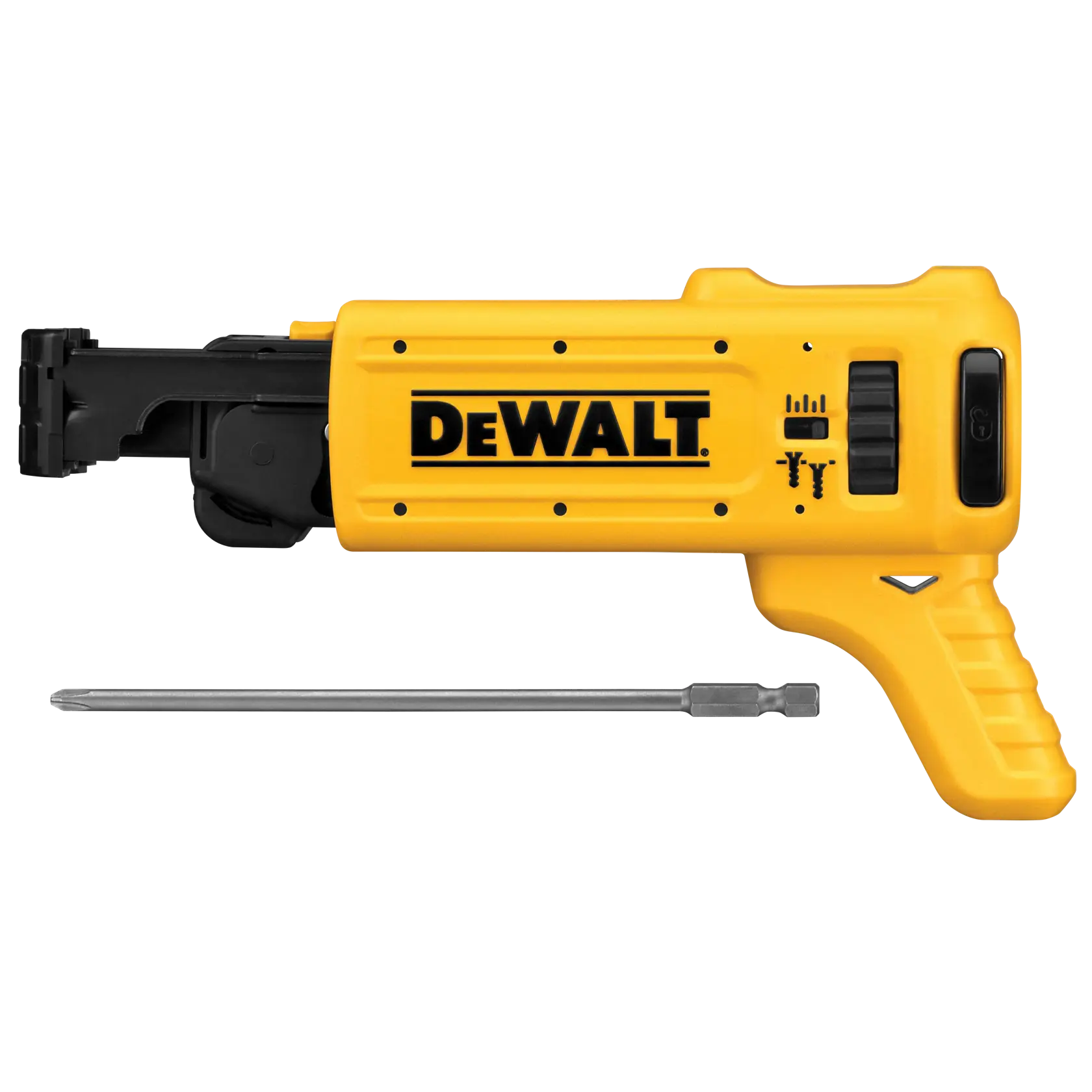 Adaptador amarillo para atornillador de paneles de yeso DEWALT con mecanismo negro y una punta de destornillador colocada debajo.
