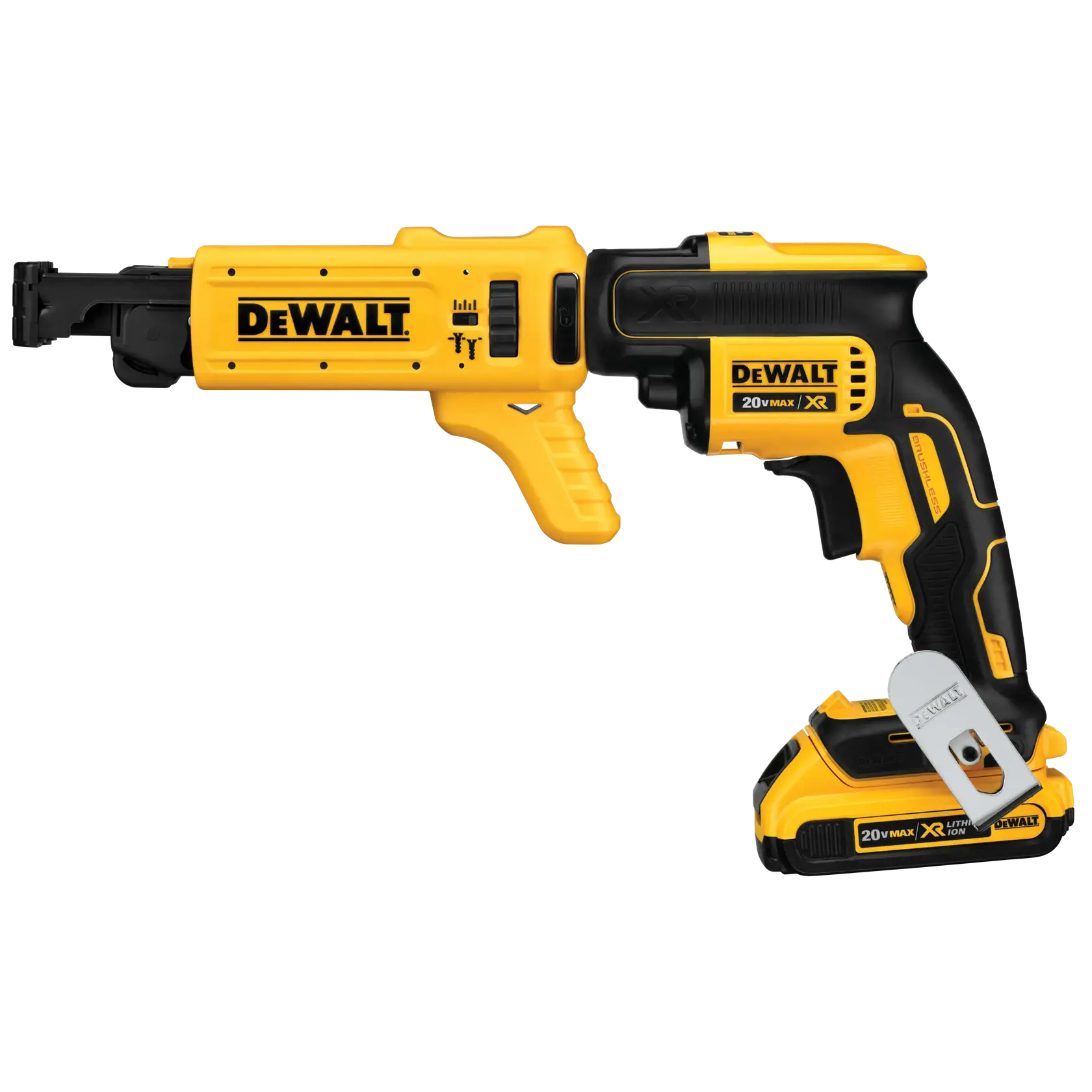 Un destornillador para paneles de yeso inalámbrico DEWALT 20V MAX XR, modelo DCF6201, con diseño amarillo y negro y un paquete de baterías adjunto.