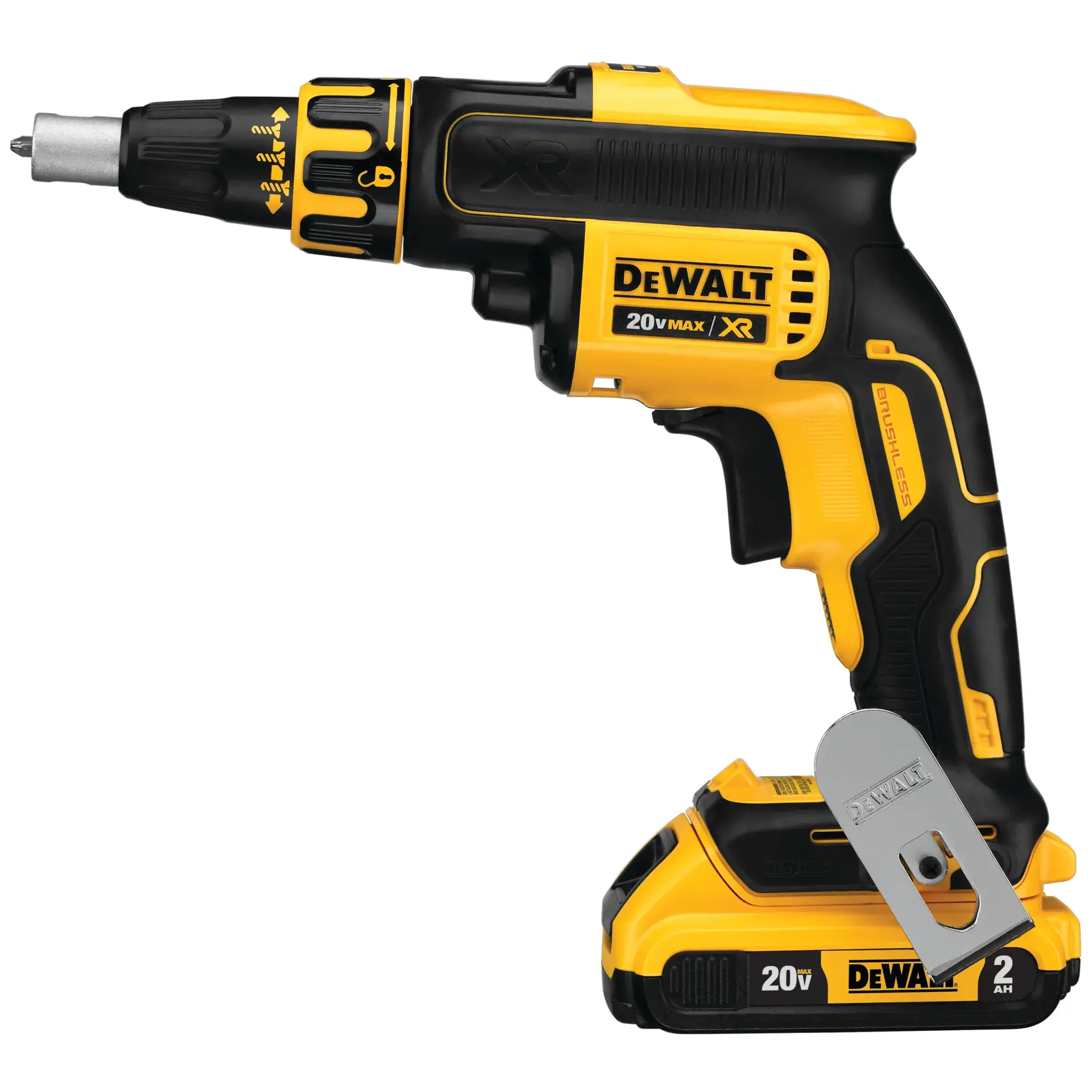 Un destornillador inalámbrico para paneles de yeso DEWALT 20V Max XR con diseño amarillo y negro. La herramienta tiene un motor sin escobillas y un clip para cinturón en la base.