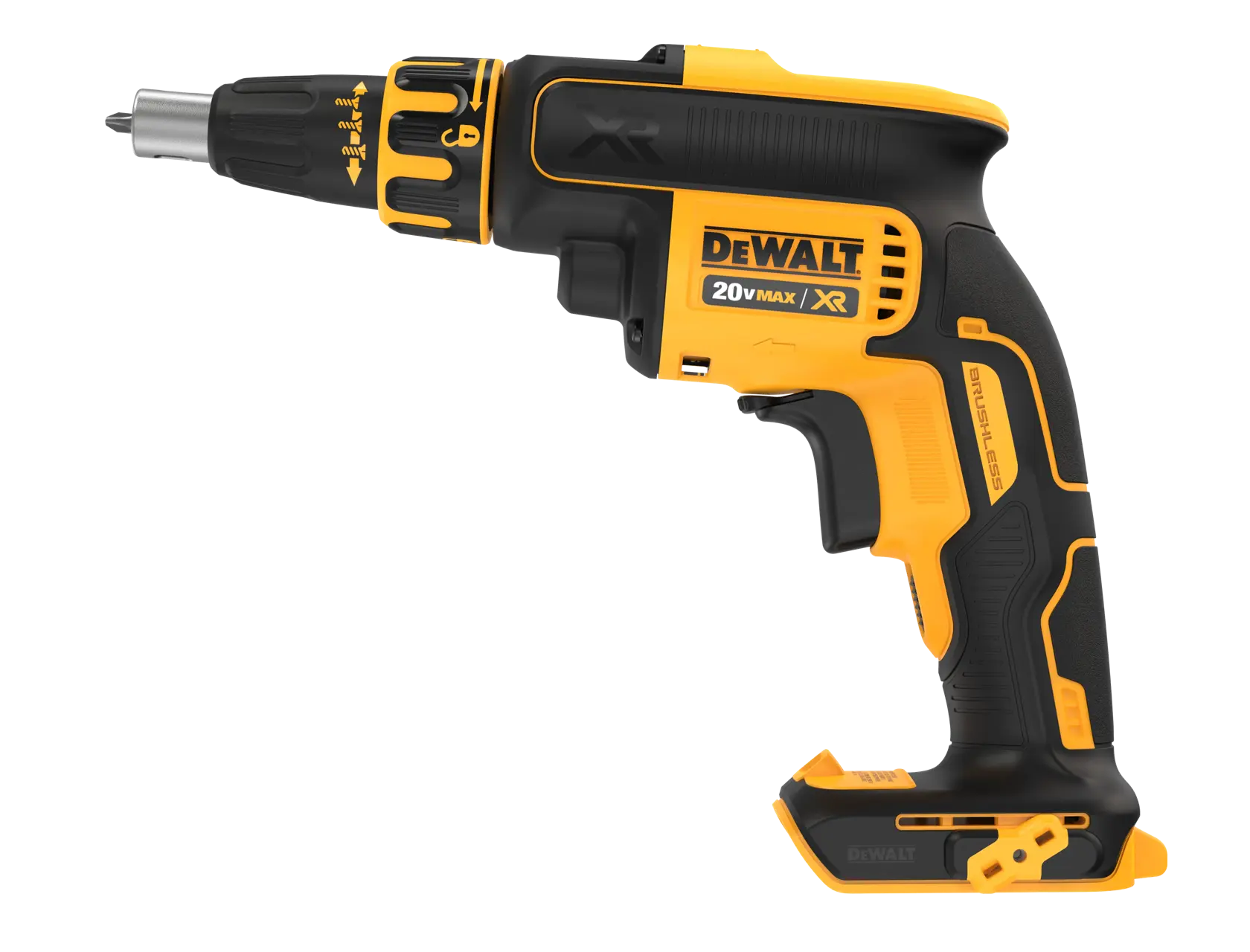 Un destornillador inalámbrico DEWALT 20V MAX XR con diseño negro y amarillo, mostrado de perfil lateral sobre un fondo blanco.