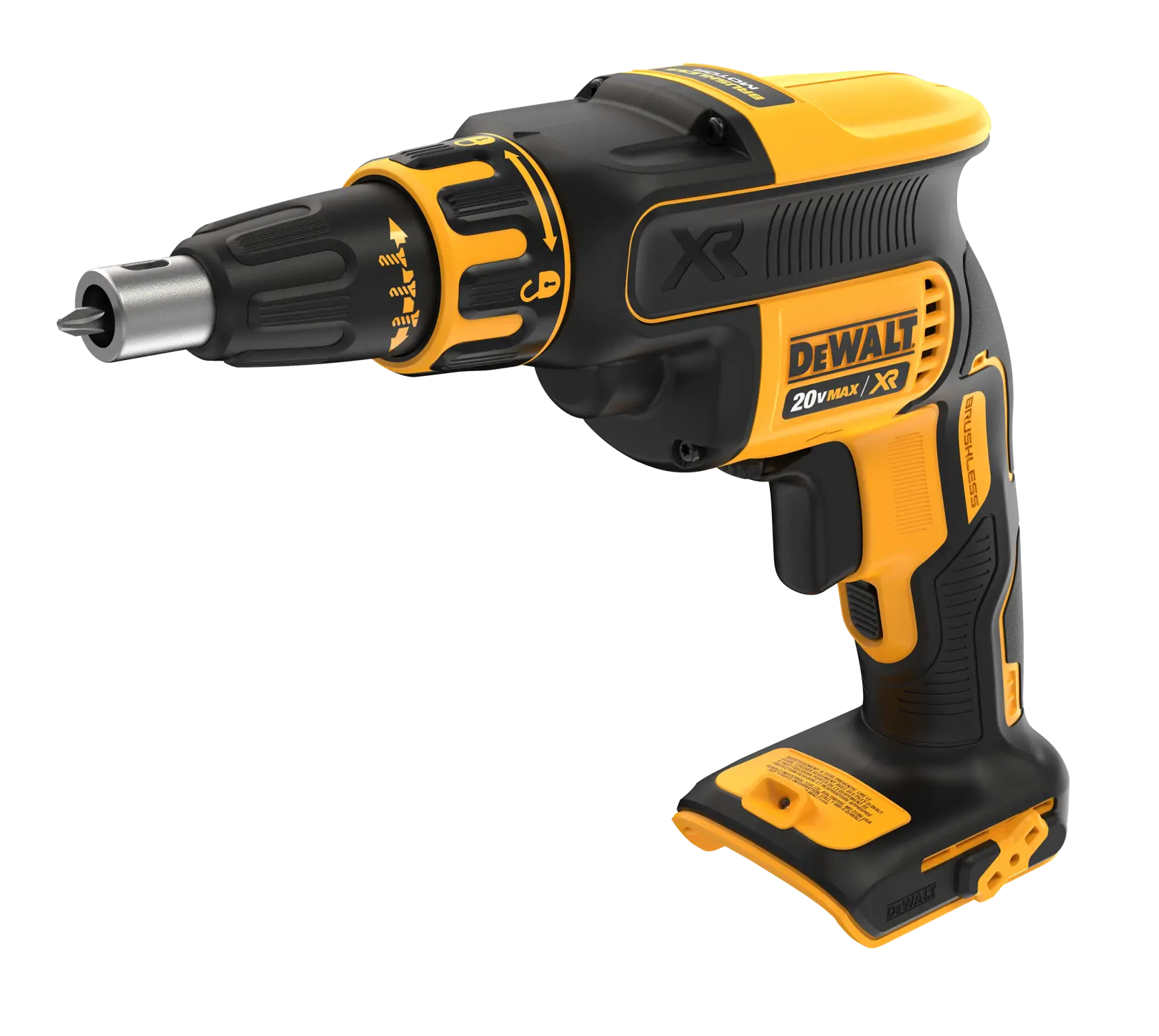 Se muestra un atornillador inalámbrico DEWALT 20V MAX XR en colores negro y amarillo, diseñado para atornillar, con motor sin escobillas y mango ergonómico. La batería no está conectada.