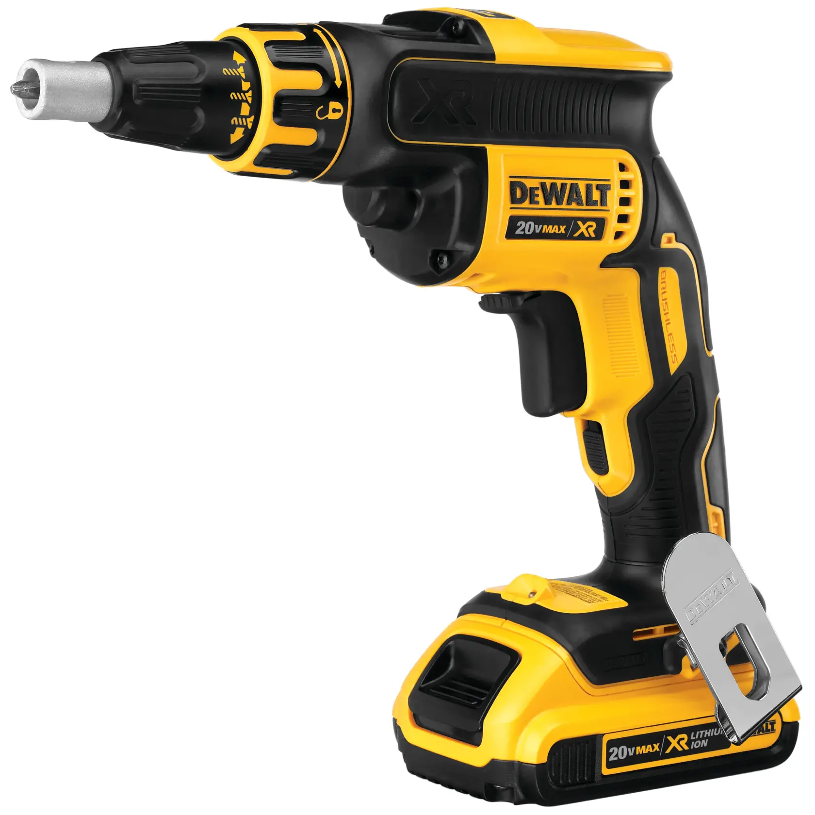 Un destornillador inalámbrico DEWALT 20V MAX XR sin escobillas con un diseño amarillo y negro, equipado con una batería de litio y un clip metálico para el cinturón en la base.