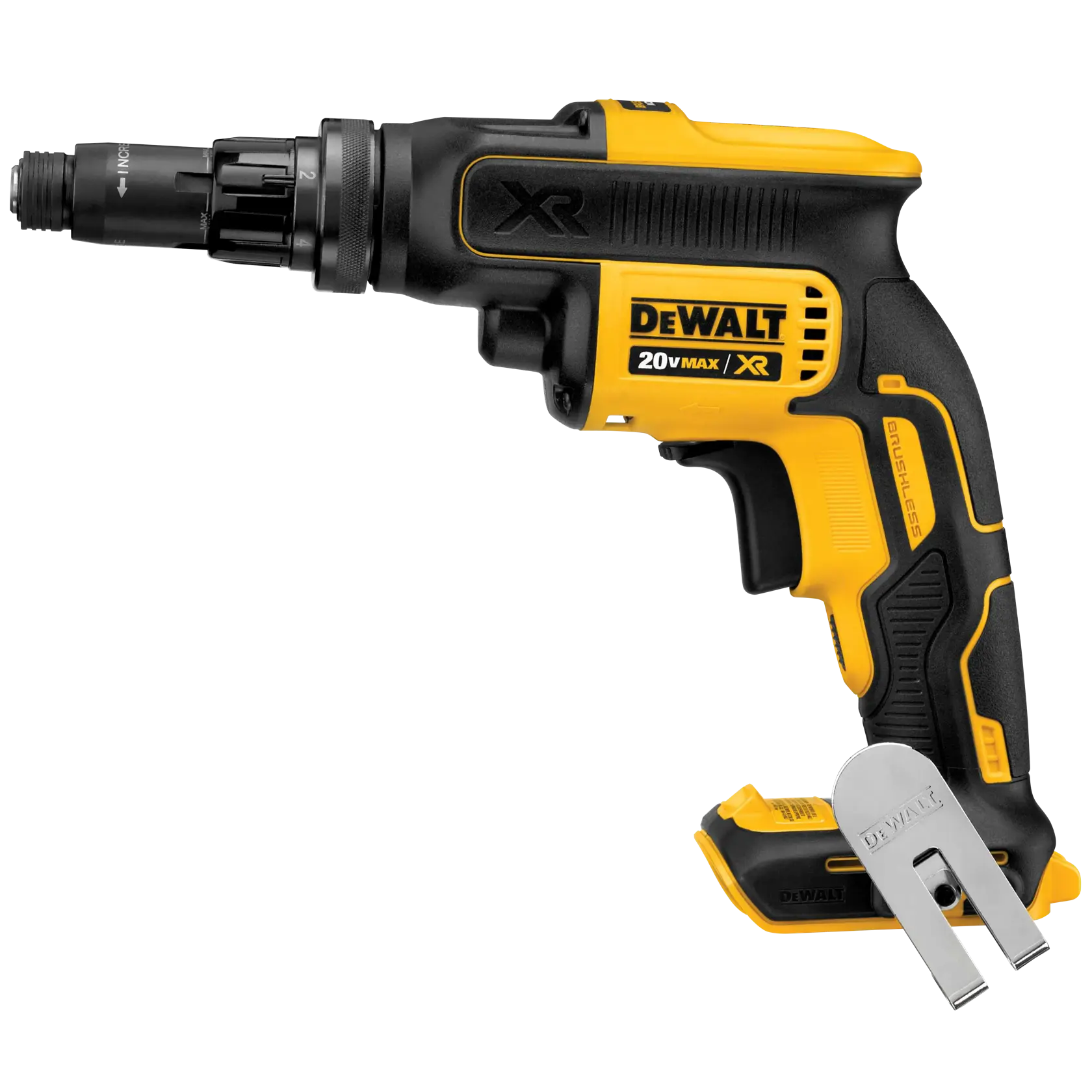 Un atornillador inalámbrico DEWALT 20V MAX XR con cuerpo negro y amarillo, agarre ergonómico y un clip metálico para cinturón en la base.