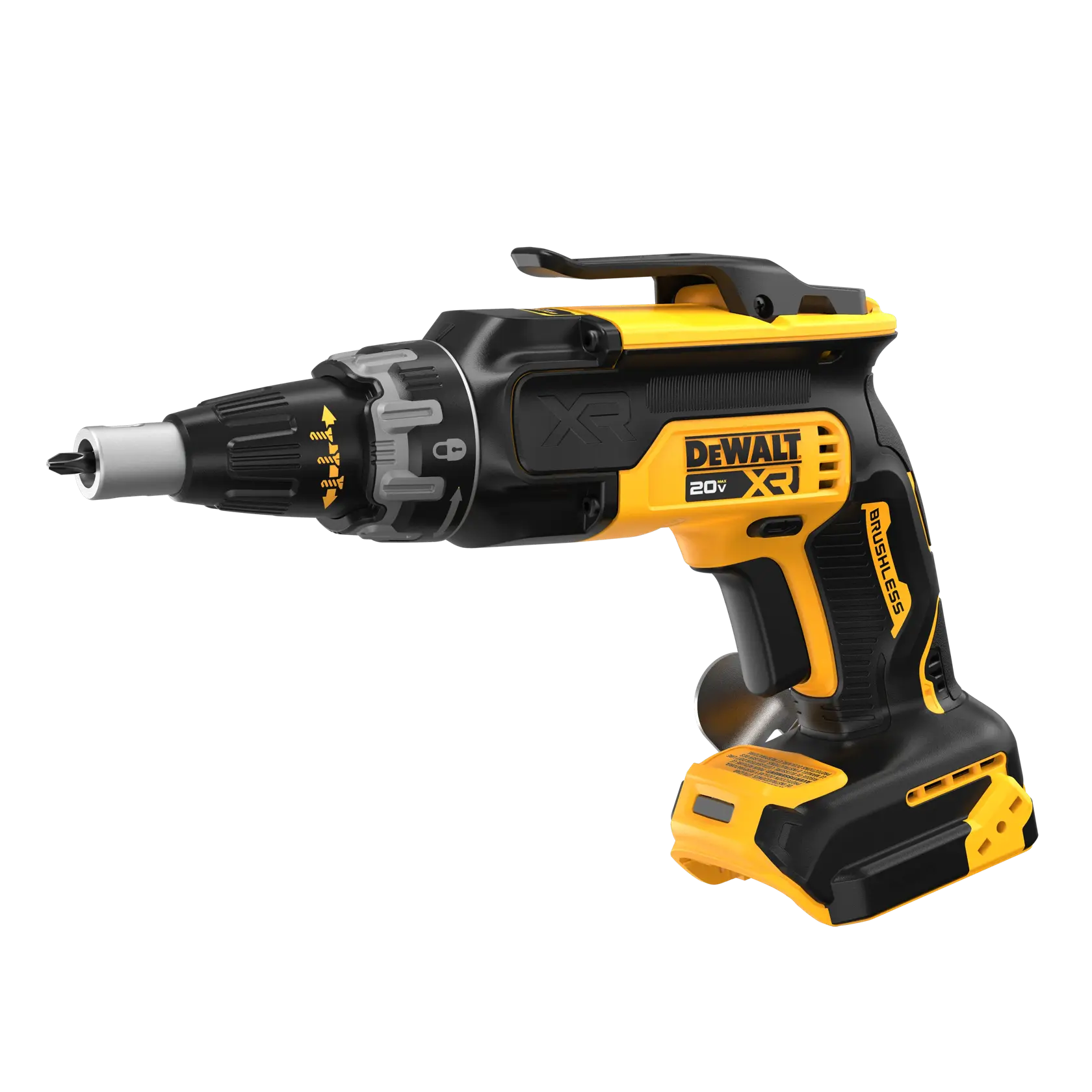 Un destornillador inalámbrico DEWALT 20V XR sin escobillas con diseño negro y amarillo, que incluye un clip metálico para cinturón en la base.
