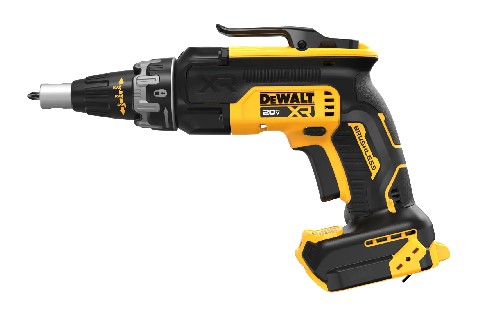 Un destornillador inalámbrico DEWALT 20V XR brushless, con un diseño negro y amarillo, visto de lado sobre un fondo blanco.