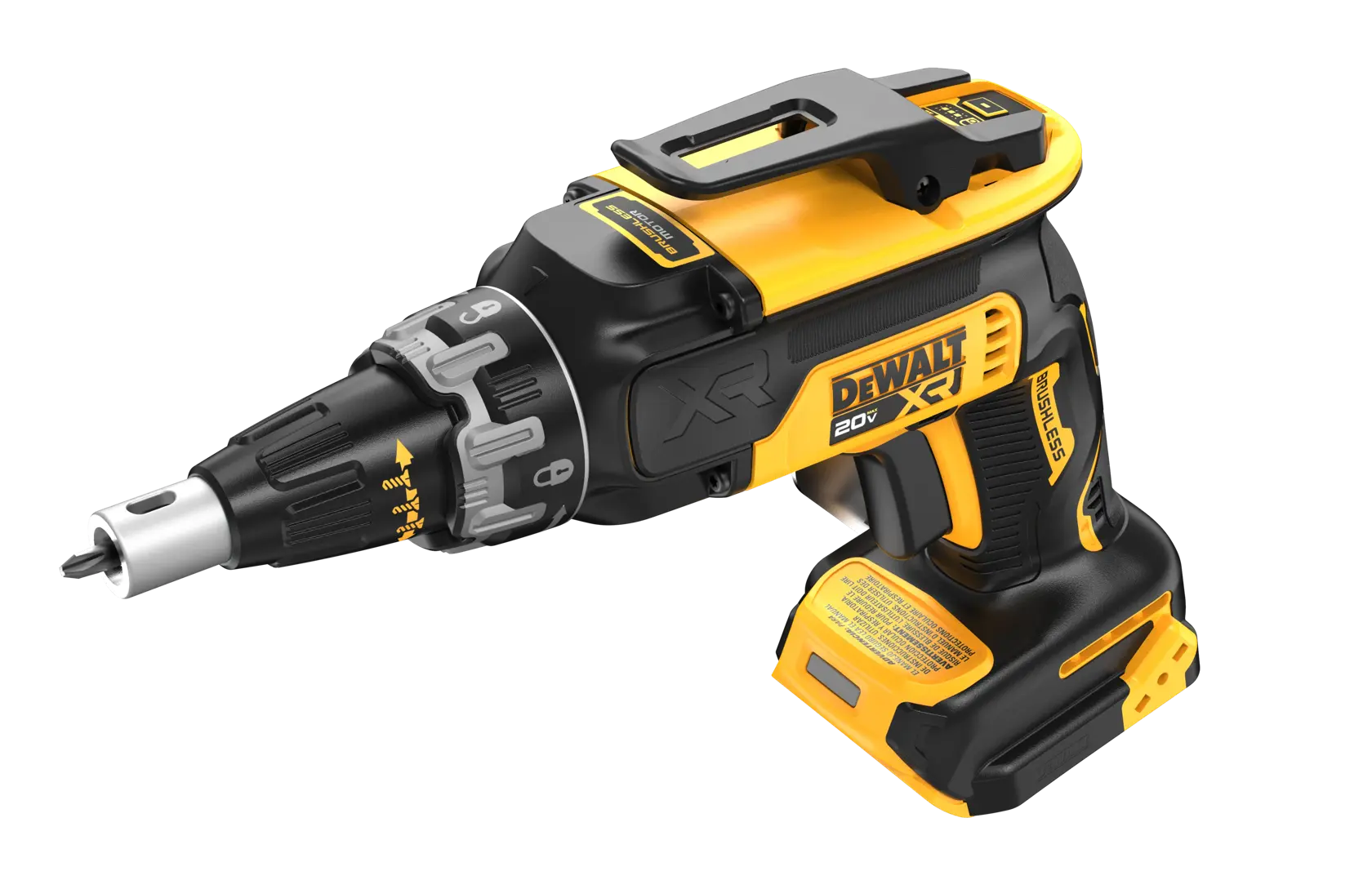 Un destornillador inalámbrico DEWALT 20V XR con motor sin escobillas, diseño en amarillo y negro y configuraciones ajustables, mostrado sobre un fondo blanco.