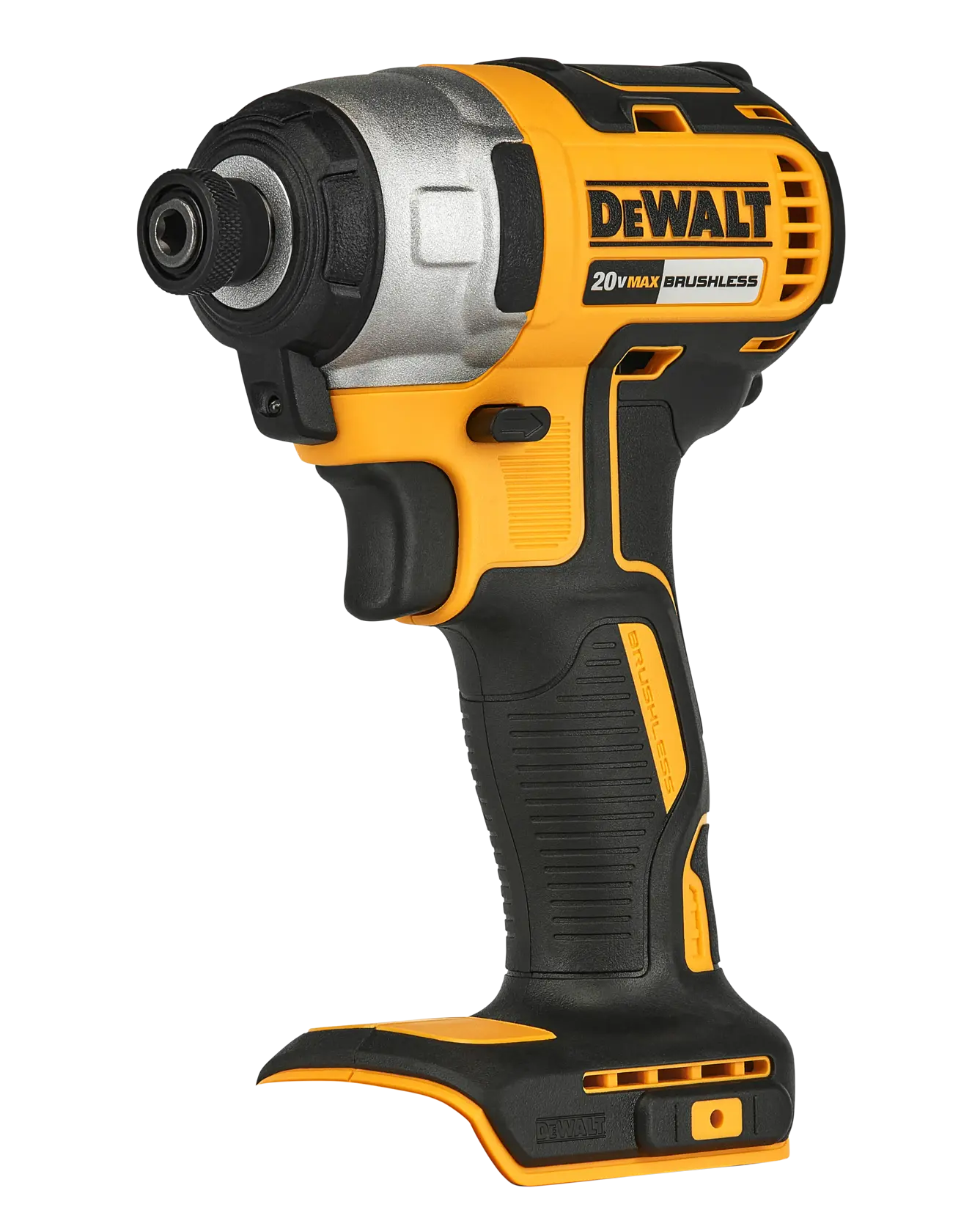 Un destornillador de impacto inalámbrico Dewalt 20V MAX sin escobillas, mostrado en amarillo y negro, con mango ergonómico y portabrocas visible, presentado en un ángulo.