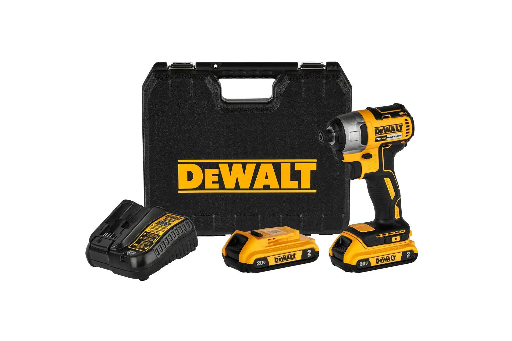 Un kit de destornillador de impacto inalámbrico DEWALT que incluye un destornillador de impacto amarillo y negro, dos baterías de 20V, un cargador de baterías y un estuche negro con el logotipo de DEWALT.