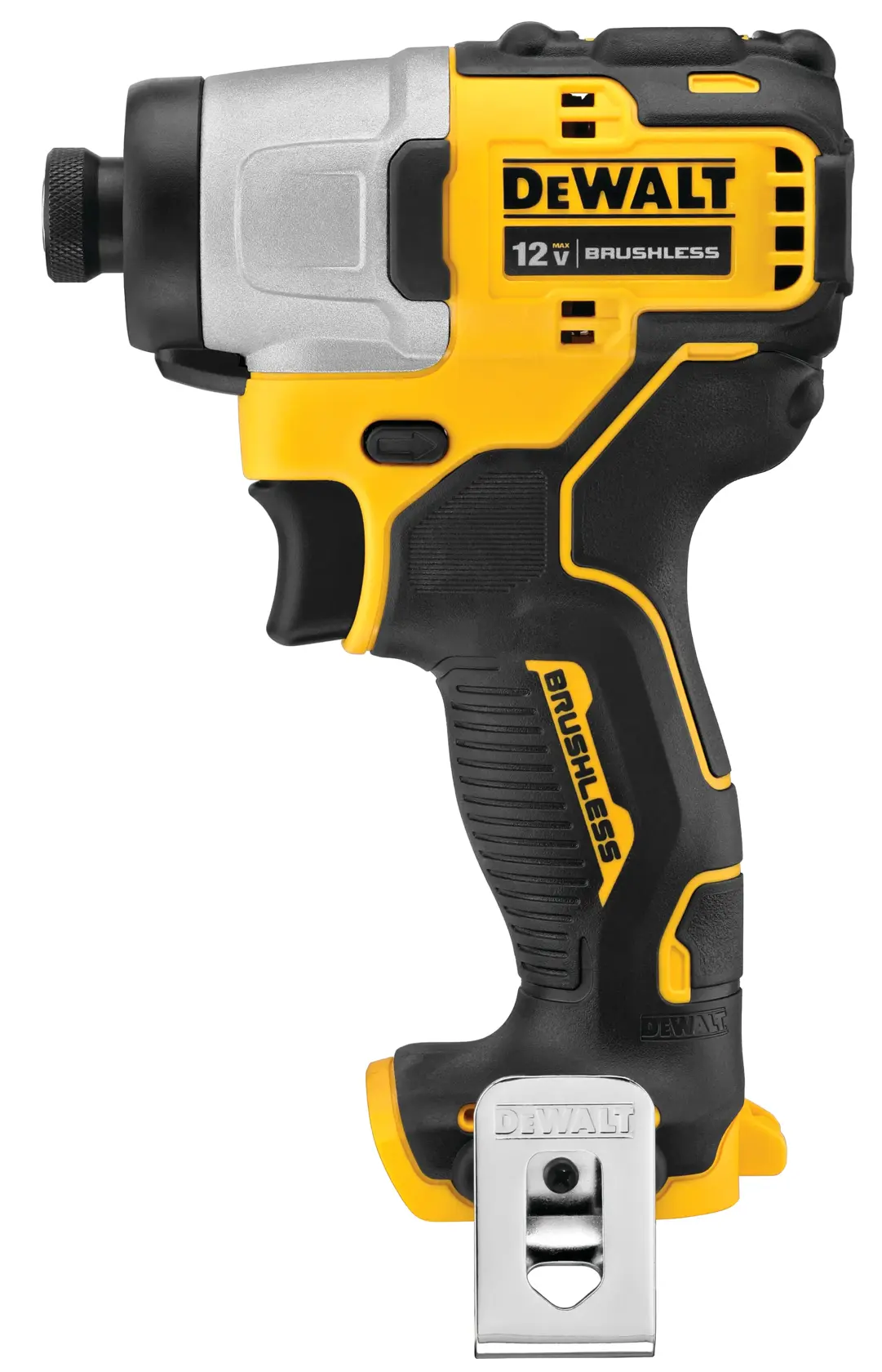 Un destornillador de impacto inalámbrico DEWALT de 12V sin escobillas. La herramienta es negra y amarilla, con el logo de DEWALT, un clip de metal en la base y un diseño ergonómico de agarre.