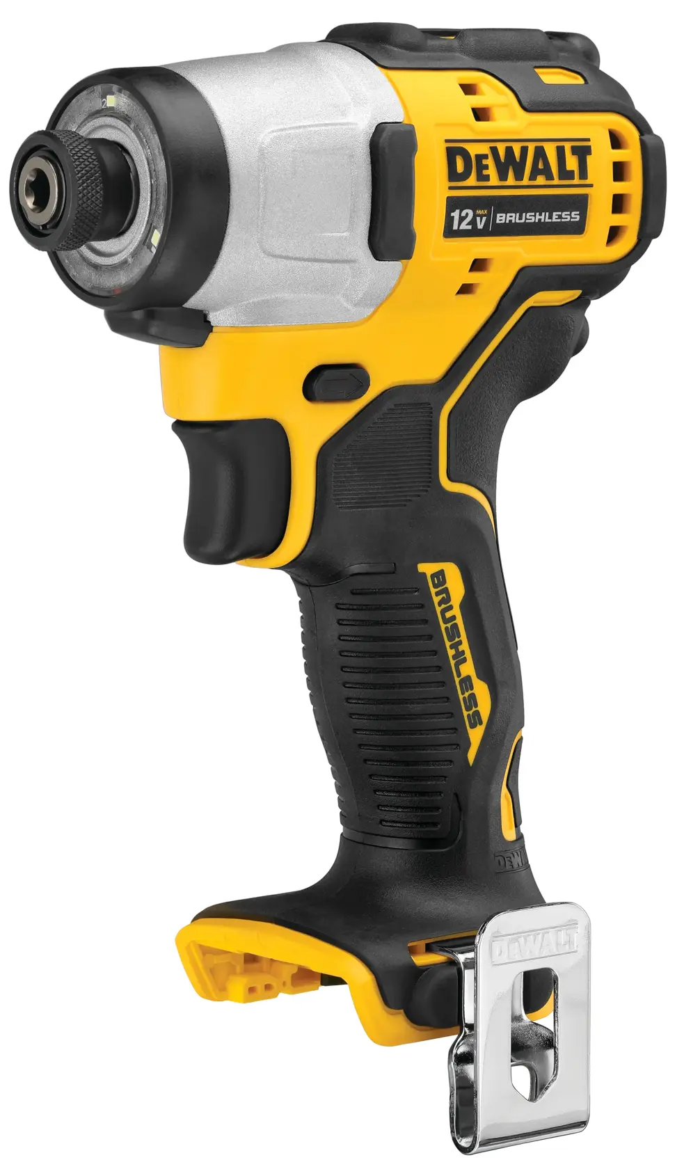 Un destornillador de impacto inalámbrico DEWALT de 12V sin escobillas, con un diseño compacto en color amarillo y negro y un clip de metal para el cinturón en el mango.