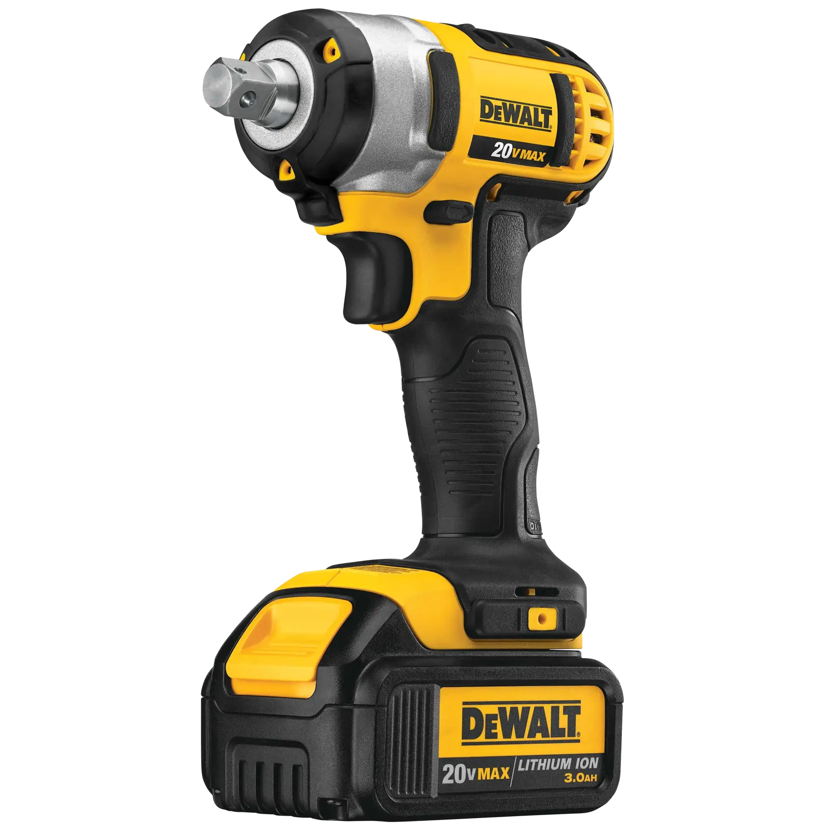 Una llave de impacto inalámbrica DEWALT 20V Max con batería de ion de litio y diseño negro y amarillo, mostrada de pie sobre un fondo blanco.