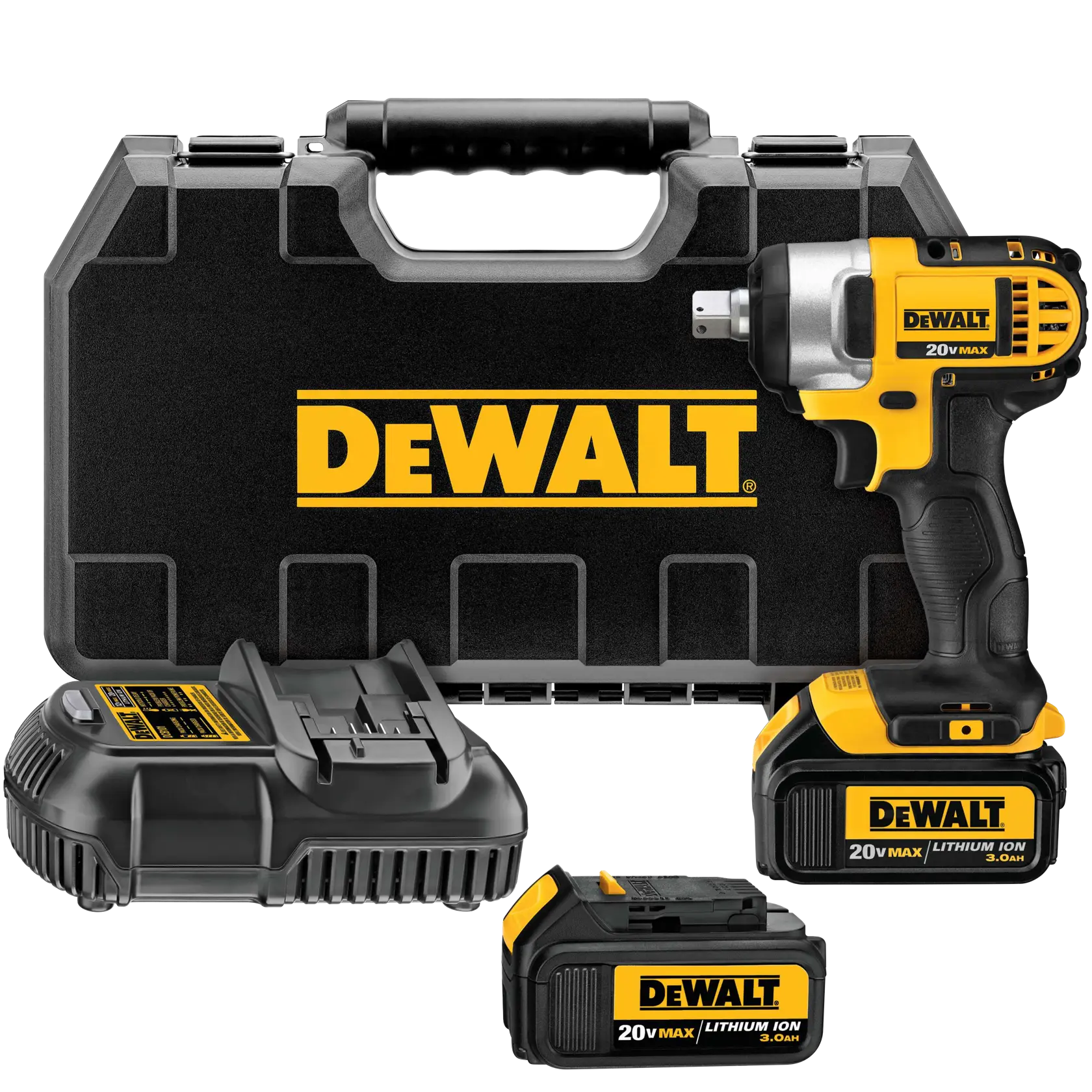 Kit de llave de impacto DEWALT 20V Max de ion de litio, que incluye una llave de impacto inalámbrica negra y amarilla, dos baterías de ion de litio 20V, cargador de batería y un estuche rígido de transporte con el logotipo DEWALT.