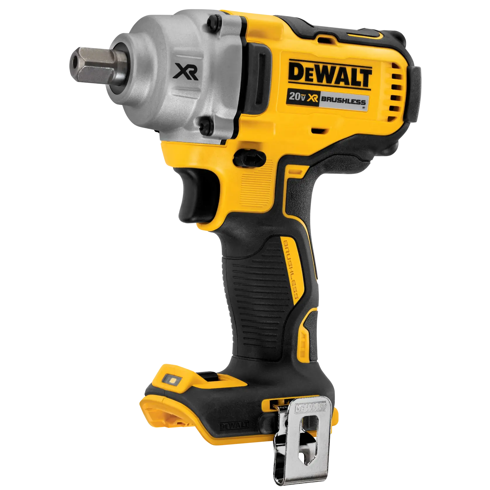 Una llave de impacto DEWALT 20V XR sin escobillas, mostrada sin batería conectada. La herramienta tiene un diseño amarillo y negro, un clip de metal en la parte inferior y una empuñadura ergonómica.