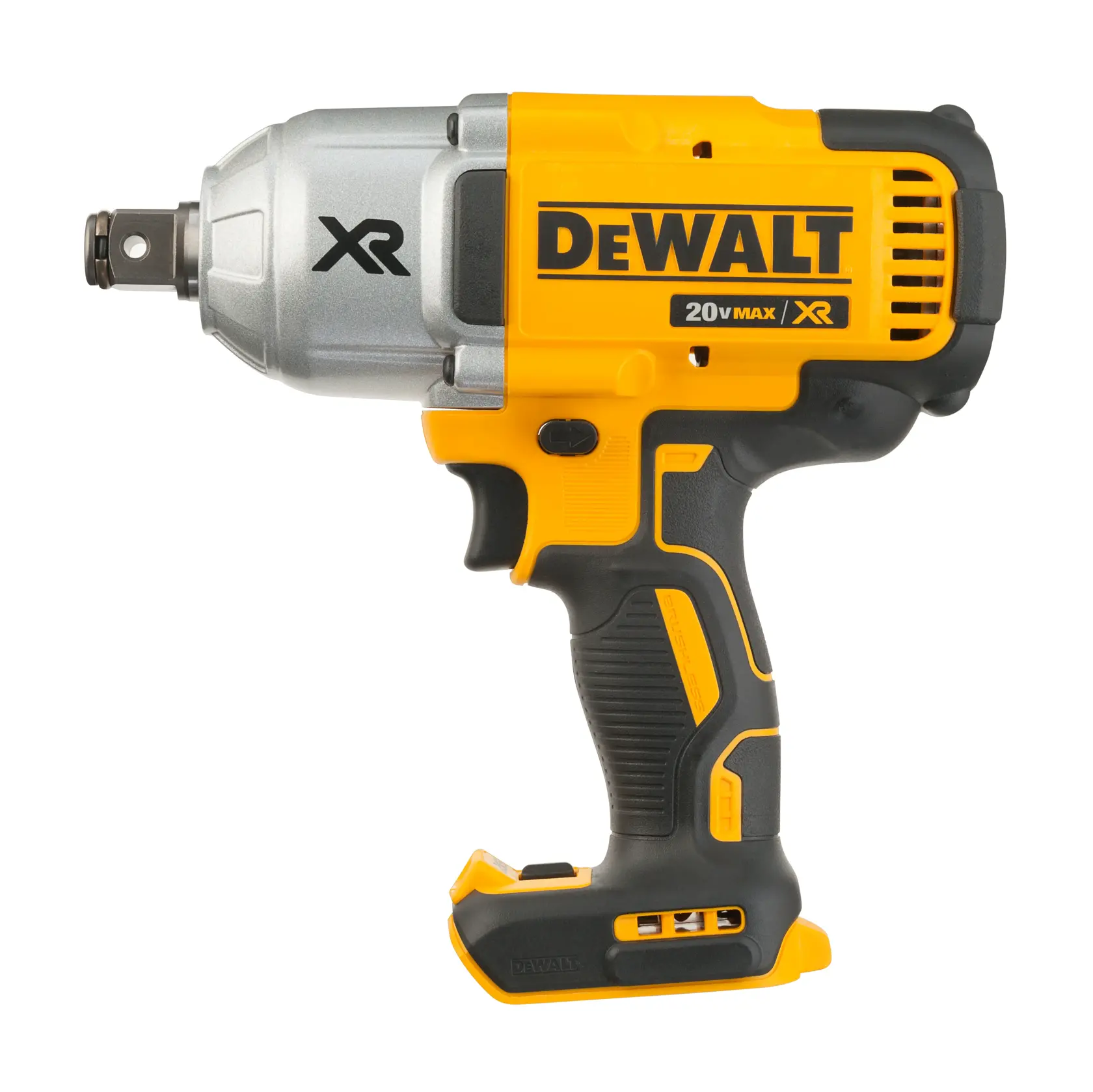 Una llave de impacto inalámbrica DEWALT 20V Max XR, modelo DCF897B, con diseño amarillo y negro.