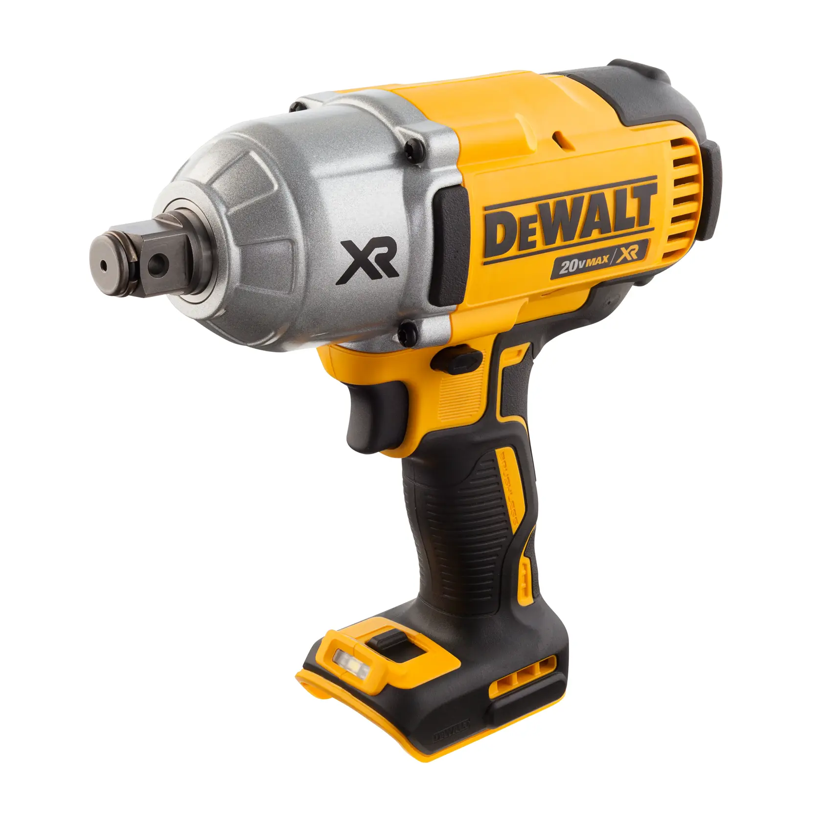 Una llave de impacto inalámbrica DEWALT 20V MAX XR con cuerpo amarillo y negro, parte frontal metálica y empuñadura ergonómica.