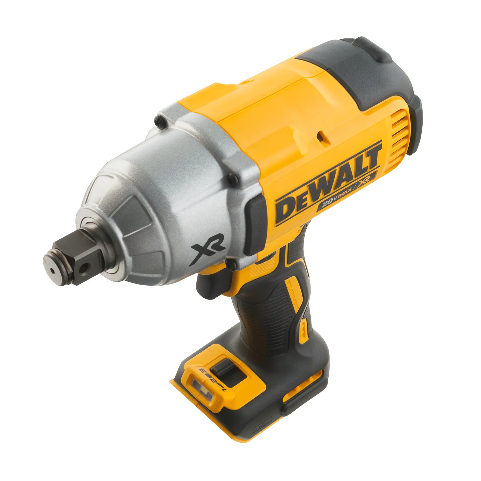 Llave de impacto inalámbrica DEWALT de color amarillo y negro, con una construcción robusta de metal y plástico. La herramienta tiene un mango tipo pistola y un cuadradillo visible en la parte frontal. El compartimento de la batería está vacío.