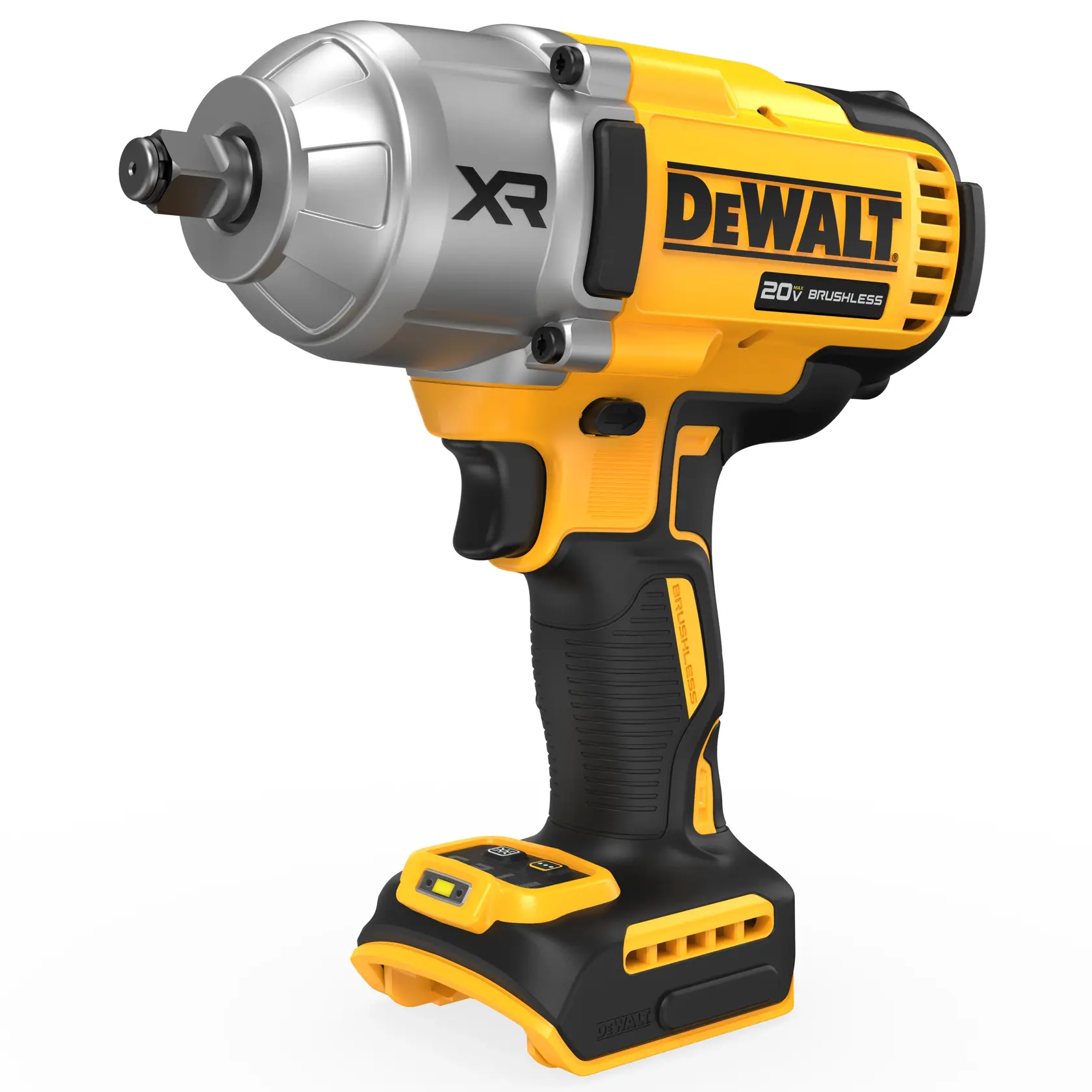 Imagen en primer plano de una llave de impacto inalámbrica DEWALT XR Brushless de 20V, con cuerpo amarillo y negro, mostrada sin la batería colocada.