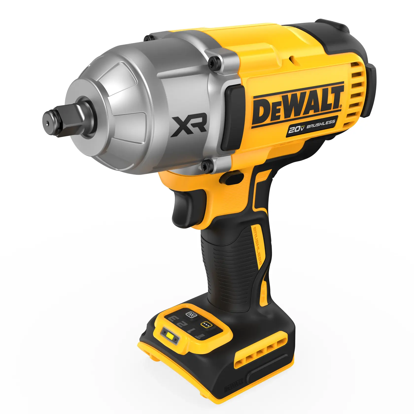 Una llave de impacto DEWALT XR sin escobillas de 20V, con un diseño amarillo y negro y cabeza metálica. La herramienta se muestra sin batería y tiene un panel de control digital en la base.