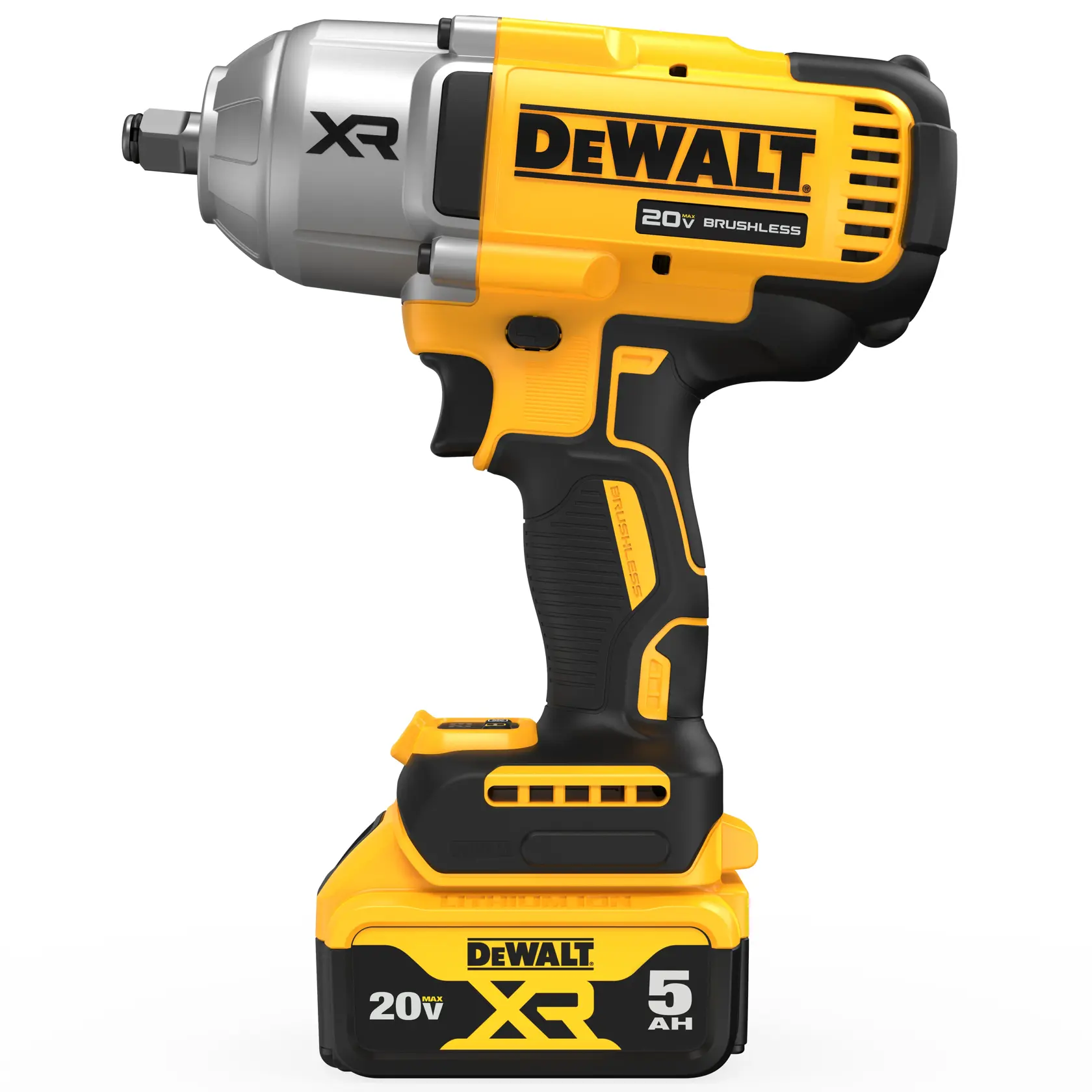Una llave de impacto inalámbrica DEWALT 20V XR sin escobillas con batería de 5Ah, con diseño amarillo y negro, mostrada de pie sobre fondo blanco.