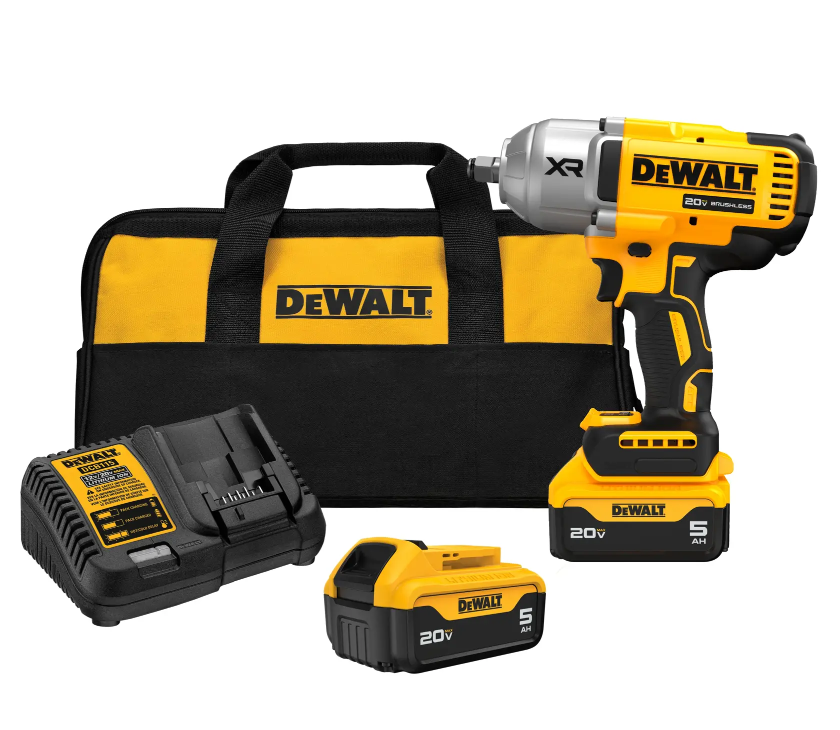 Kit de llave de impacto inalámbrica DEWALT, que incluye una llave de impacto amarilla y negra, dos baterías de iones de litio de 20V 5Ah, un cargador de batería y una bolsa de transporte amarilla y negra con el logo DEWALT.