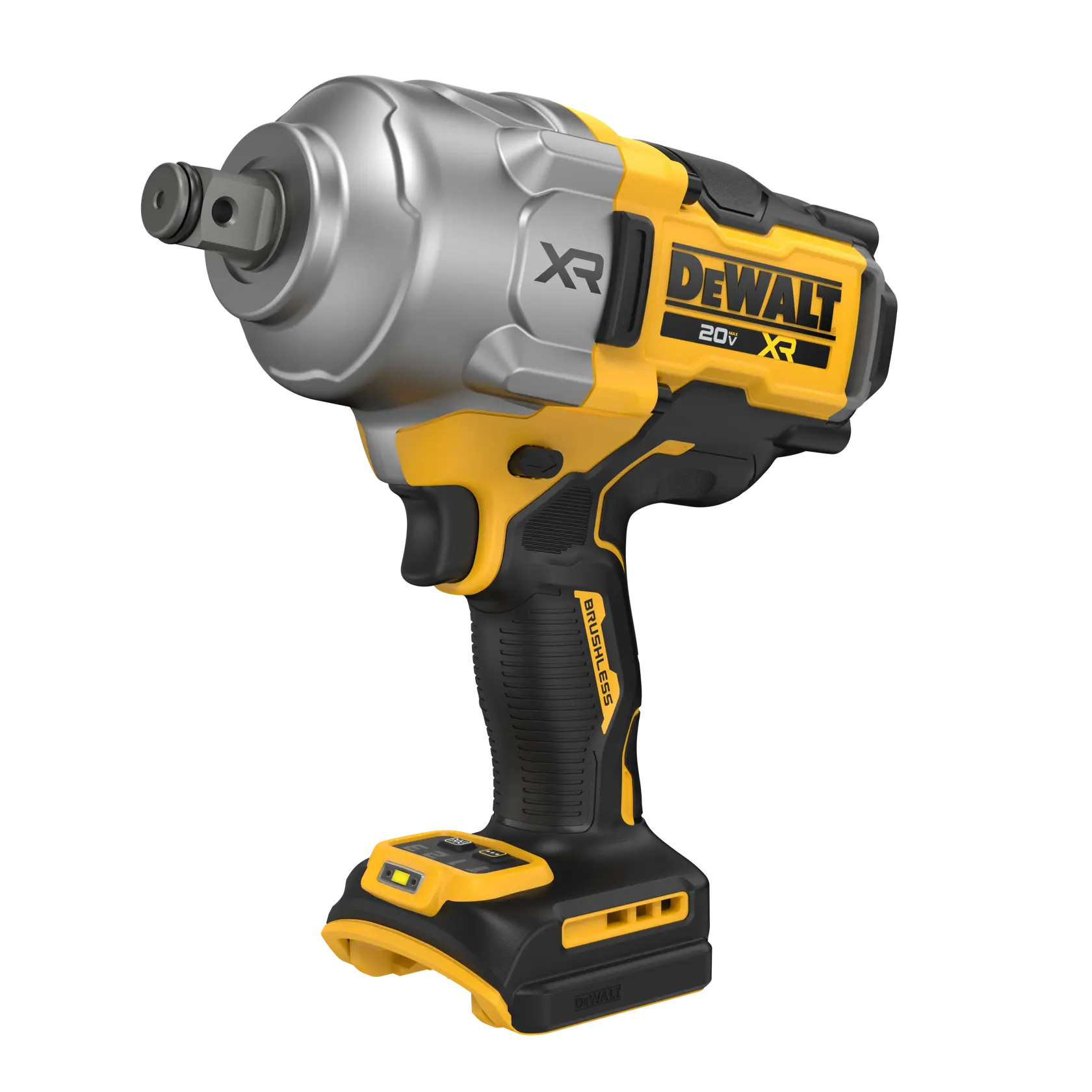 Una llave de impacto inalámbrica DEWALT 20V XR con un diseño robusto plateado y amarillo, motor sin escobillas y mango ergonómico.