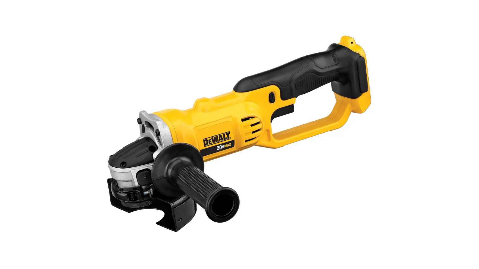 Una amoladora angular inalámbrica DEWALT amarilla y negra con mango lateral, mostrada sobre un fondo blanco.