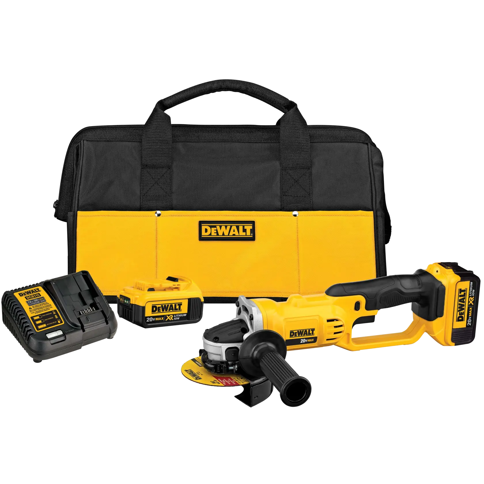 Un kit de amoladora angular inalámbrica DEWALT, que incluye una amoladora angular amarilla y negra, dos baterías de litio, un cargador de batería y una bolsa de transporte DEWALT negra y amarilla.