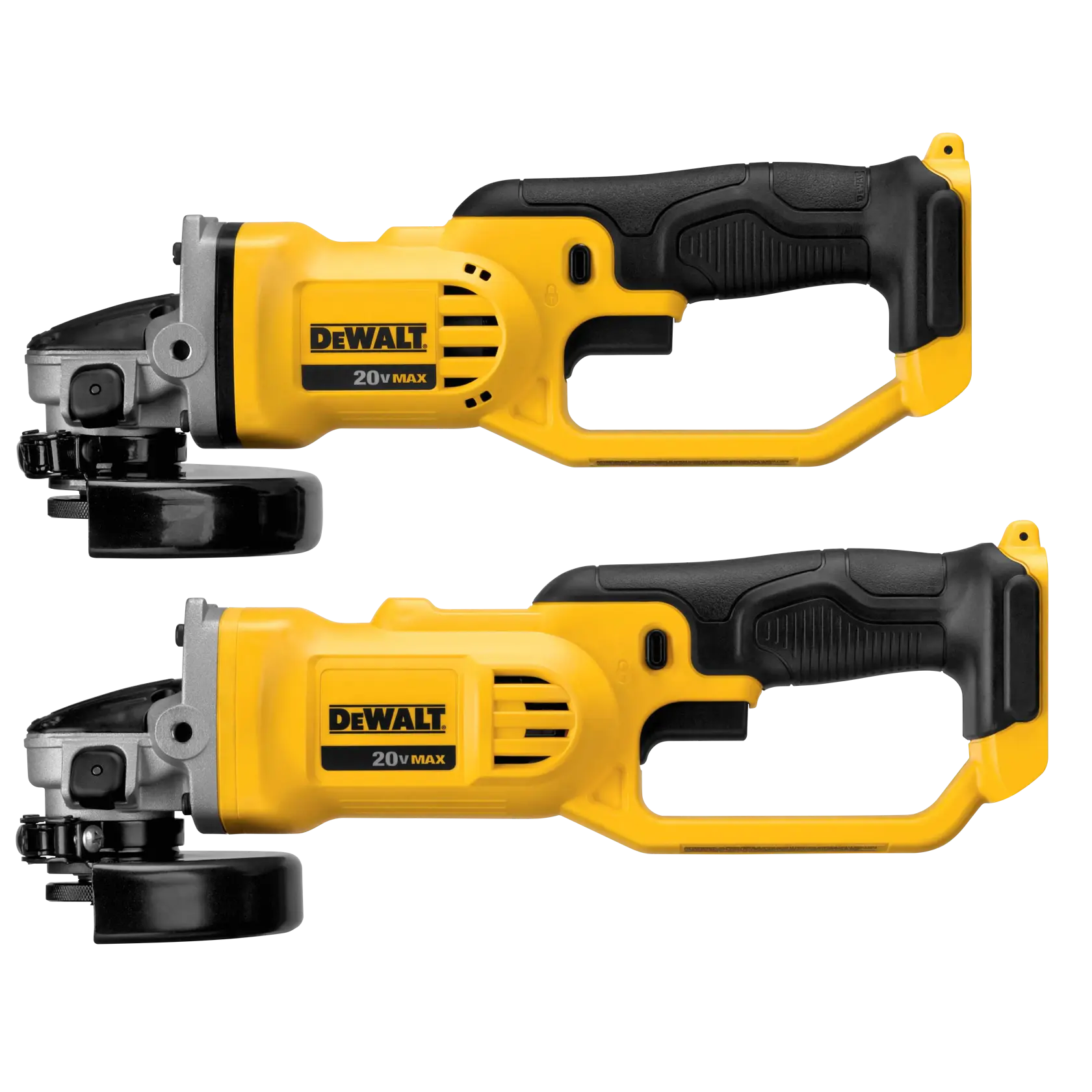 Dos amoladoras angulares inalámbricas DEWALT DCG412B 20V MAX, de color amarillo y negro, mostradas una al lado de la otra sobre un fondo blanco.
