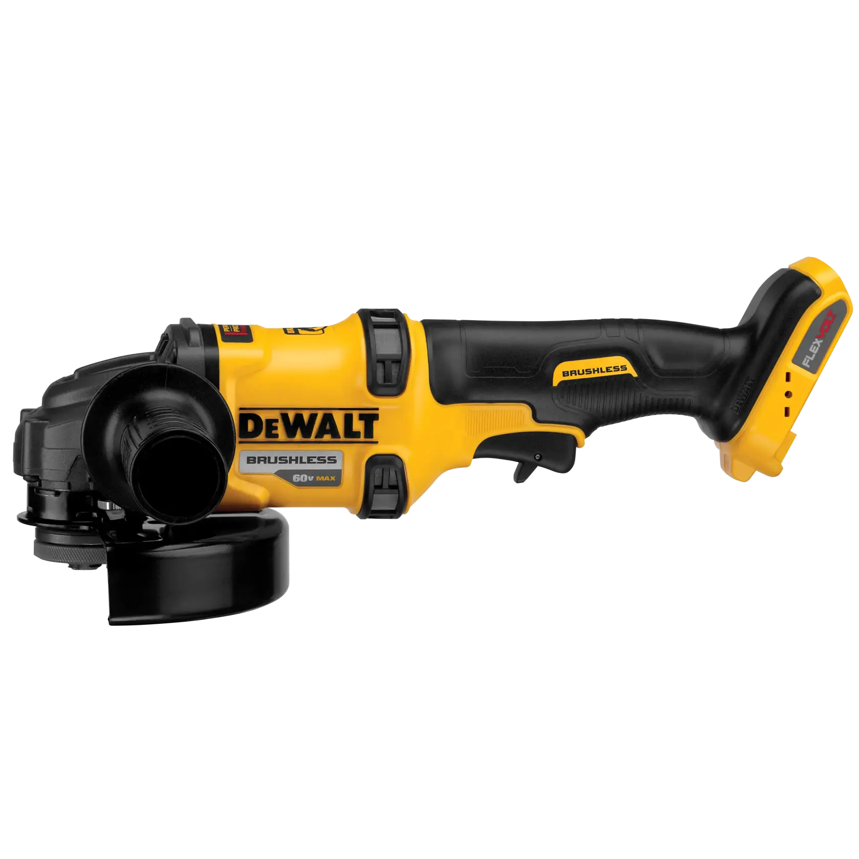 Una amoladora angular inalámbrica brushless DEWALT, modelo DCG414B, con diseño amarillo y negro y ranura para batería FLEXVOLT 60V MAX.
