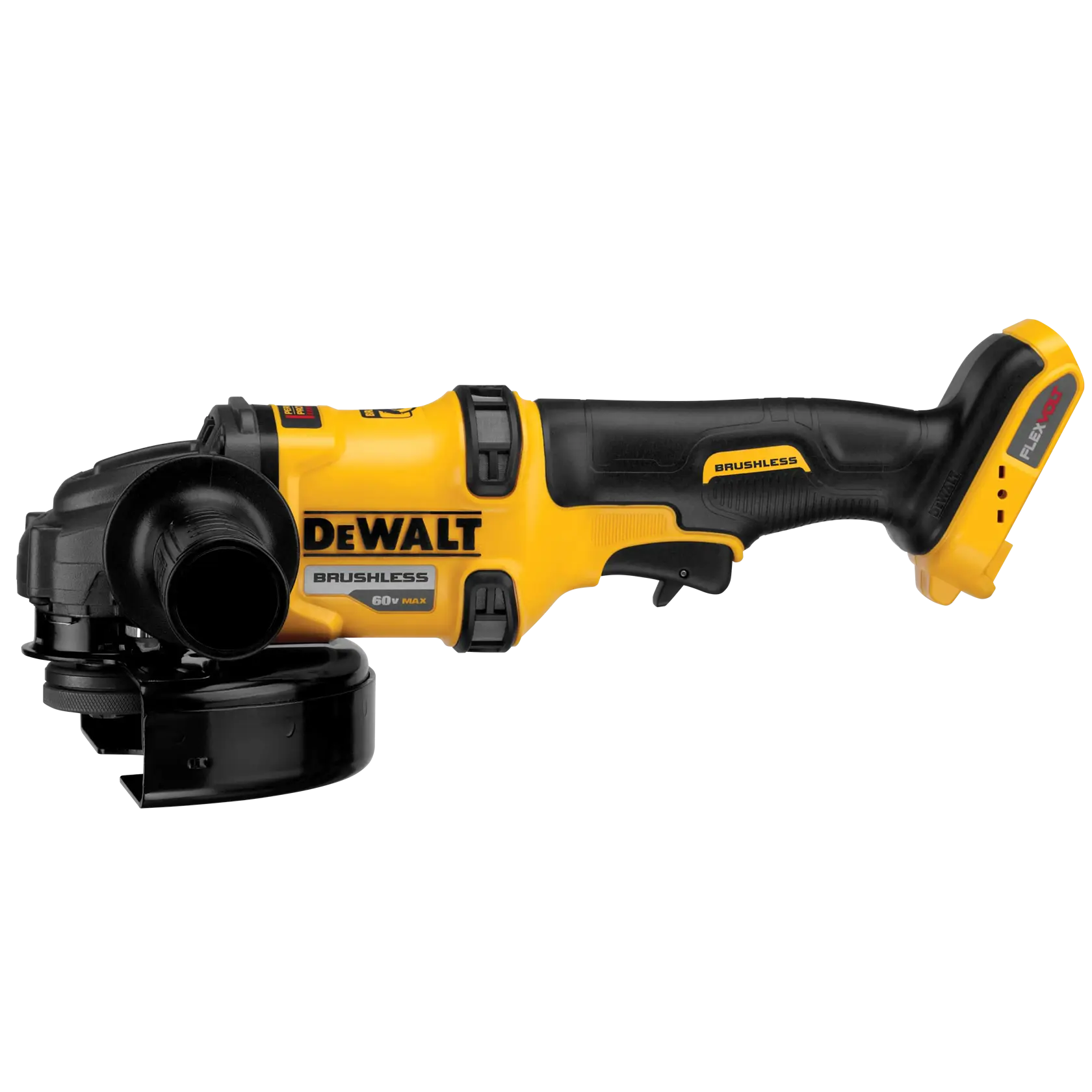 Una amoladora angular inalámbrica sin escobillas DEWALT, modelo DCG414B, con cuerpo amarillo y negro y mango lateral.