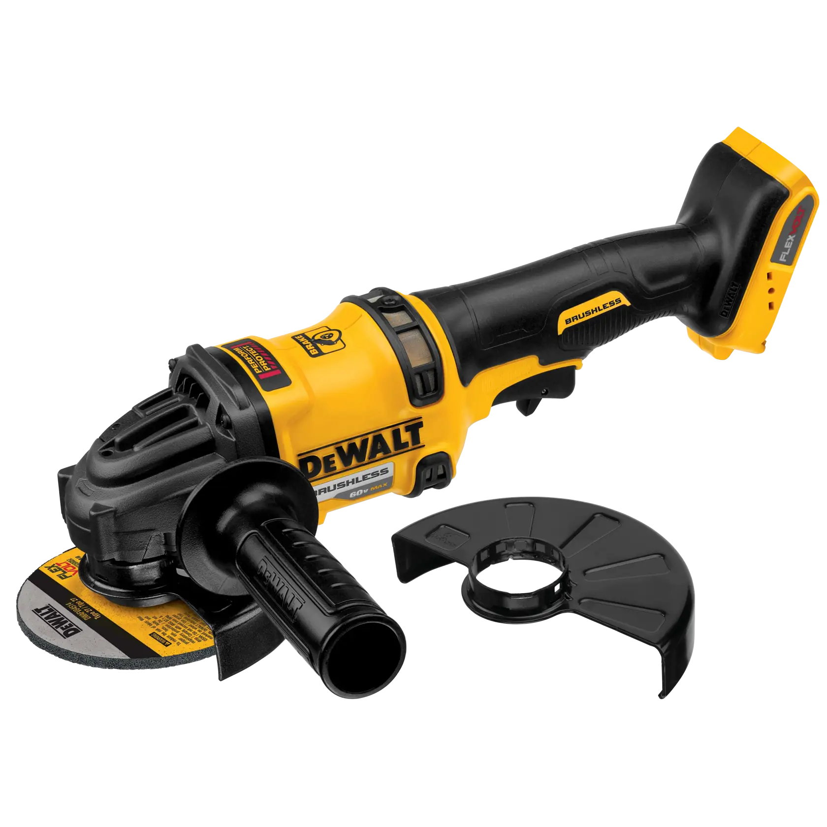 Una amoladora angular inalámbrica DEWALT con motor sin escobillas, modelo DCG414B, mostrada con un mango lateral y protector de seguridad desmontable. La herramienta es de color amarillo y negro e incluye un disco de molienda.