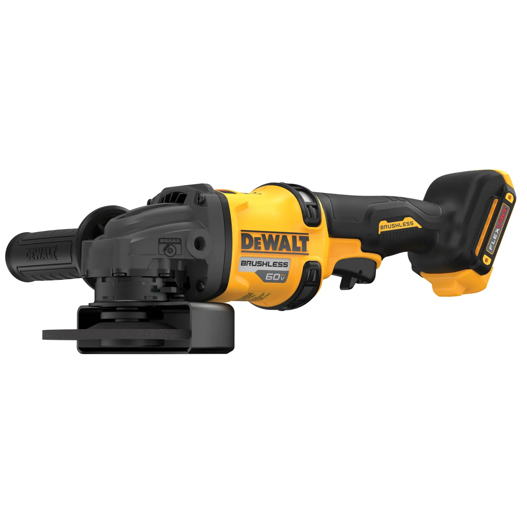 Una amoladora angular inalámbrica DEWALT 60V sin escobillas con cuerpo negro y amarillo, mango lateral y batería incorporada.