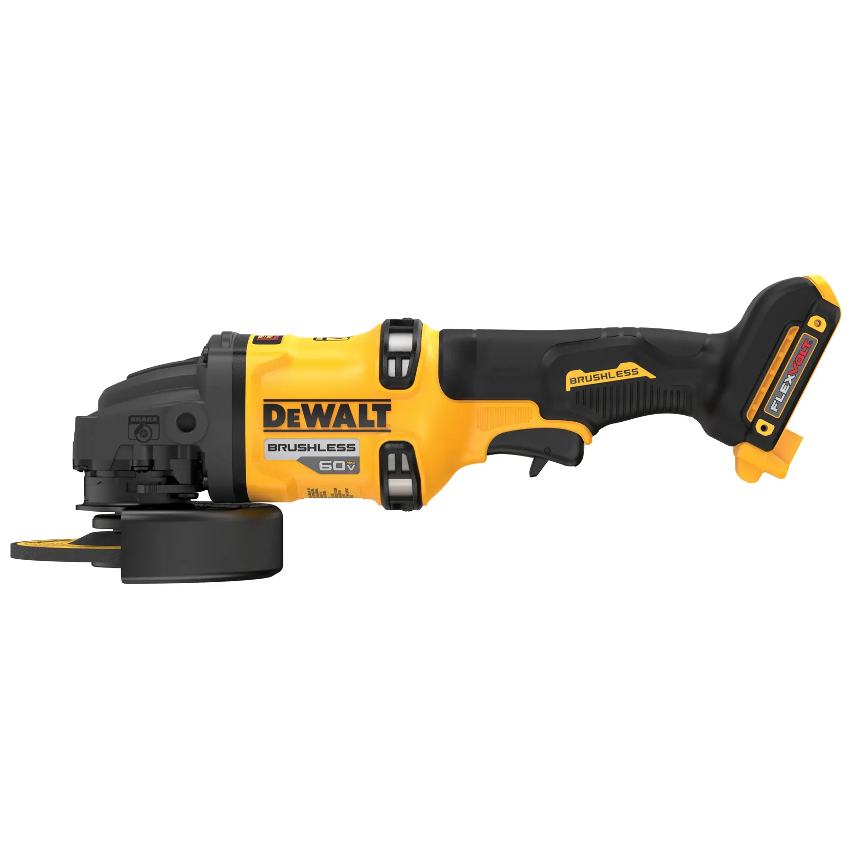 Amoladora angular inalámbrica DEWALT 60V brushless, con carcasa amarilla y negra y tecnología de batería FLEXVOLT.