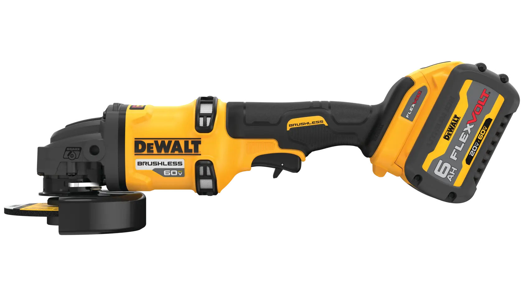 Amoladora angular inalámbrica DEWALT DCG418T1 con diseño amarillo y negro, equipada con motor sin escobillas de 60V y batería recargable FLEXVOLT de 6Ah, vista de perfil.
