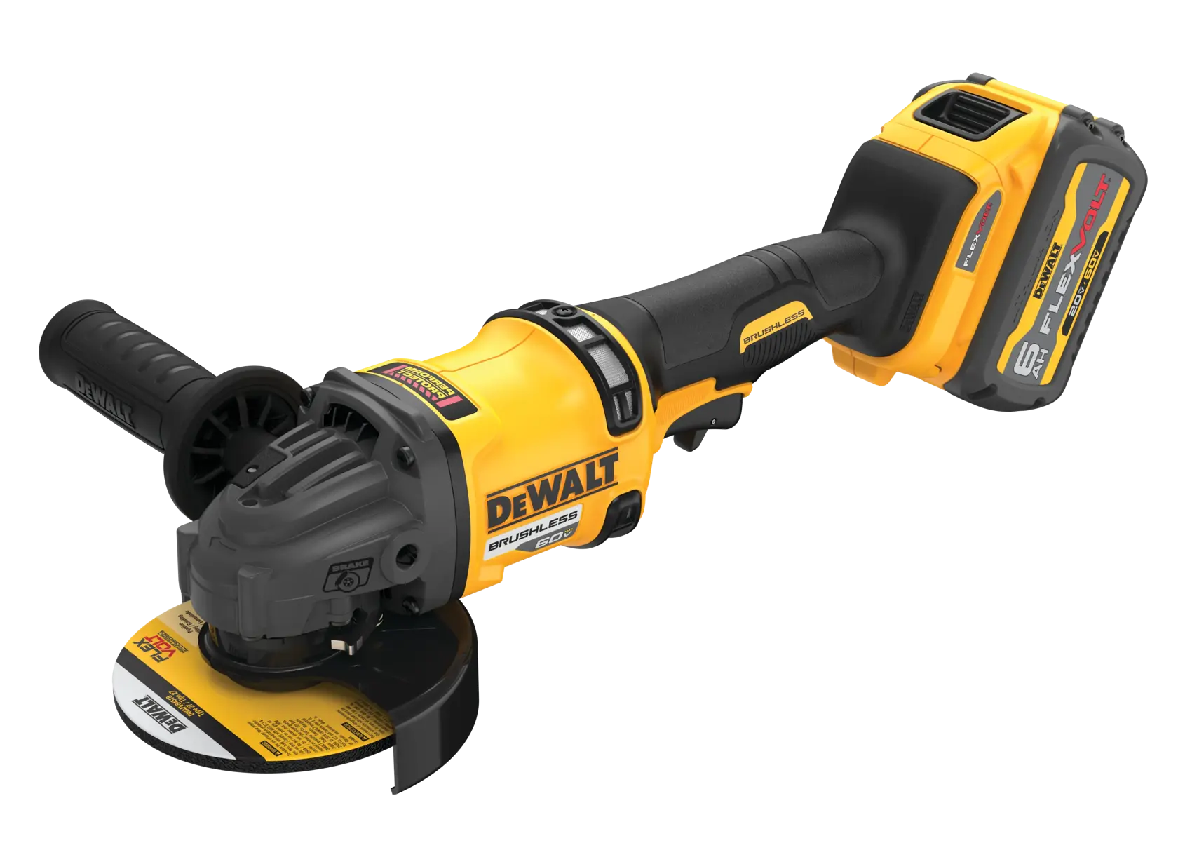 Una amoladora angular inalámbrica DEWALT con motor sin escobillas y batería FLEXVOLT de 6,0Ah, mostrada en colores amarillo y negro.