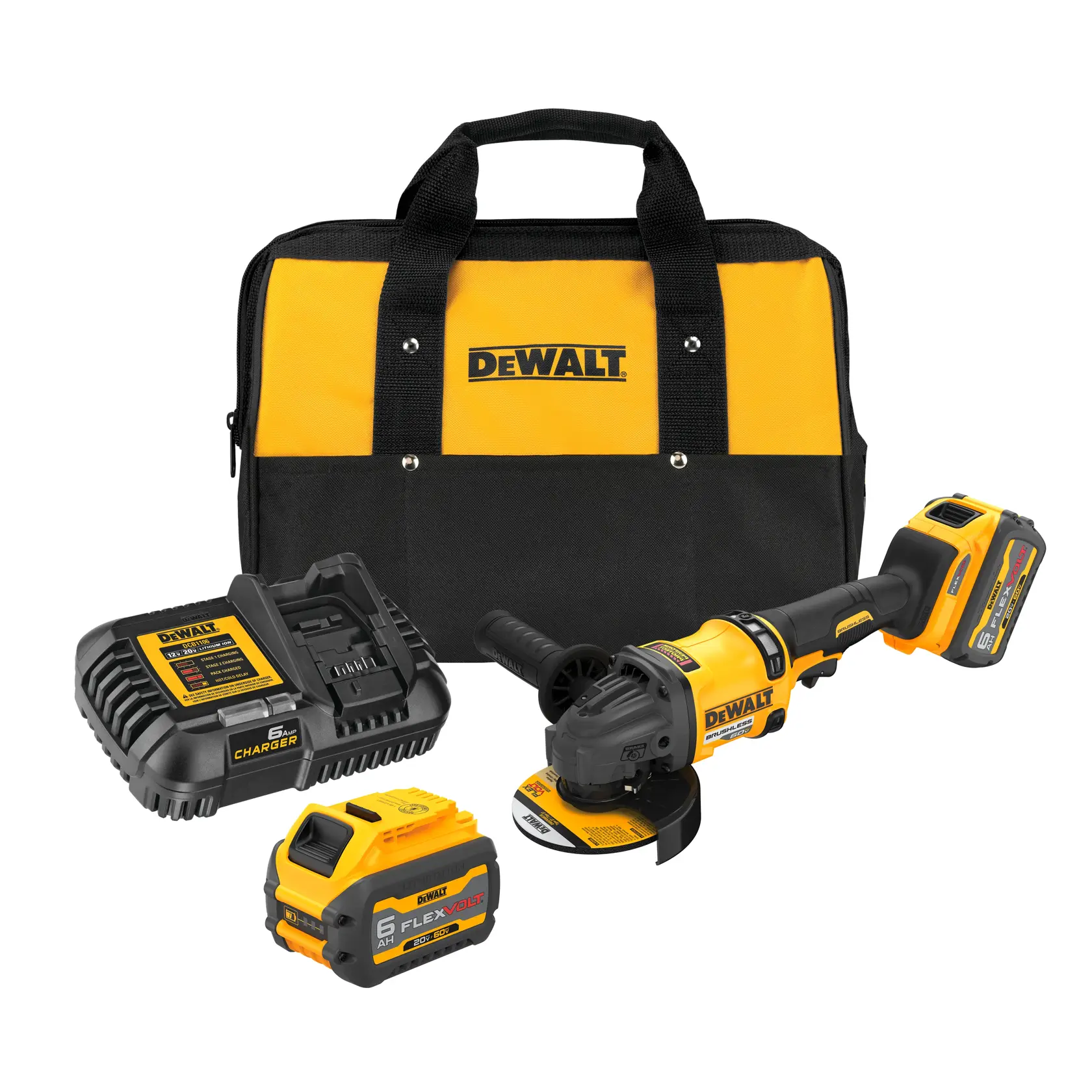 Kit de amoladora inalámbrica DEWALT con bolsa, cargador y dos baterías en amarillo y negro.